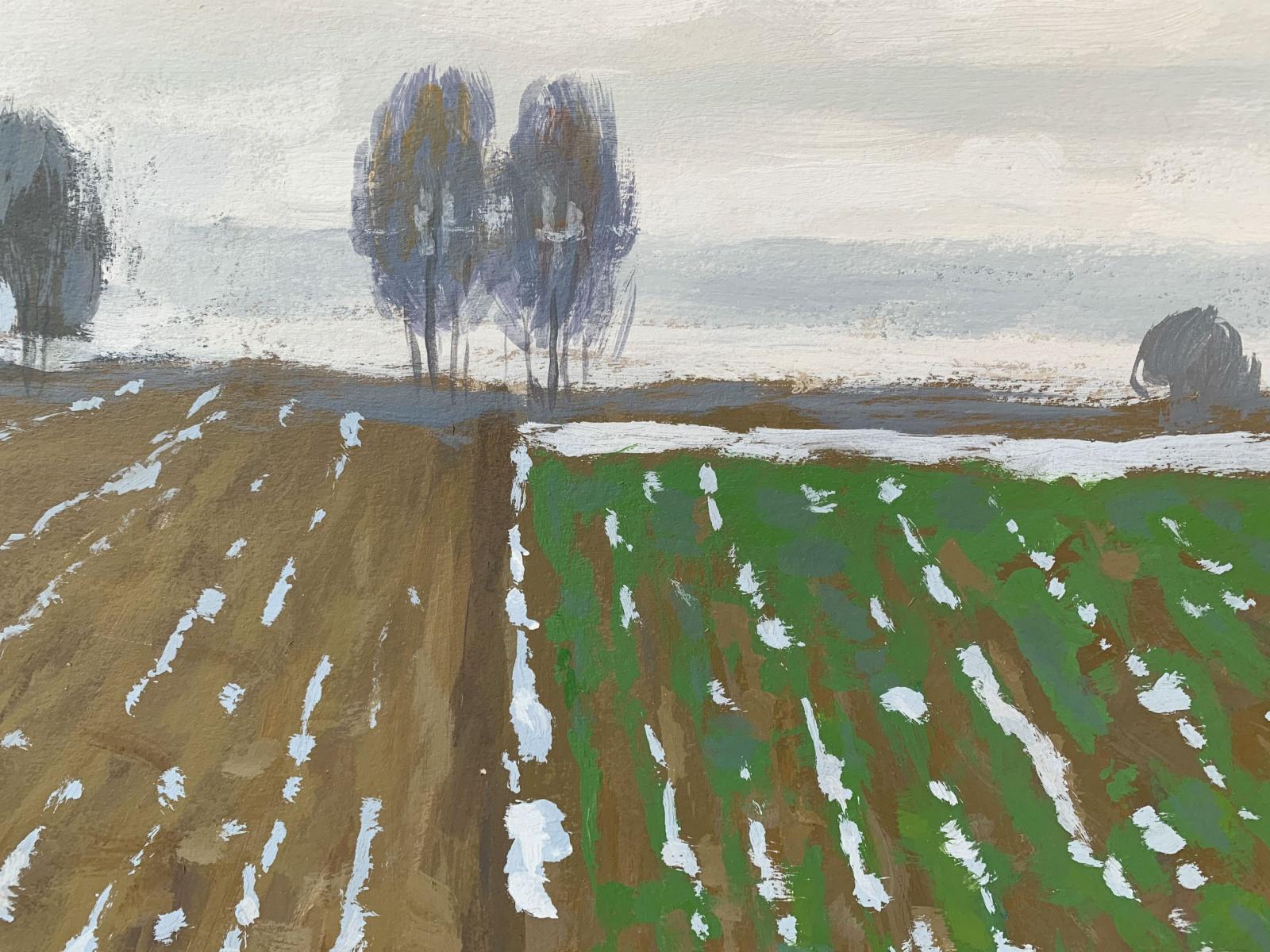 Pigsties - Figurative acrylic painting, Landscape, Rural view, Nature - Gray Figurative Painting by Mikołaj Malesza