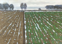 Pocilgas - Pintura acrílica figurativa, Paisaje, Vista rural, Naturaleza
