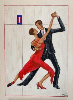 Tango 1 – Figurative Acrylmalerei, farbenfrohes, surrealistisches, polnisches Kunstwerk