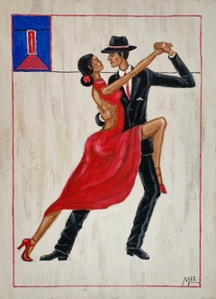 Tango 2 – Figurative Acrylmalerei, farbenfrohes, surrealistisches, polnisches Kunstwerk