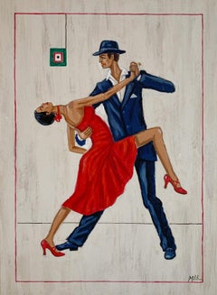 Tango 3 - Peinture acrylique figurative colorée, surréaliste, art polonais