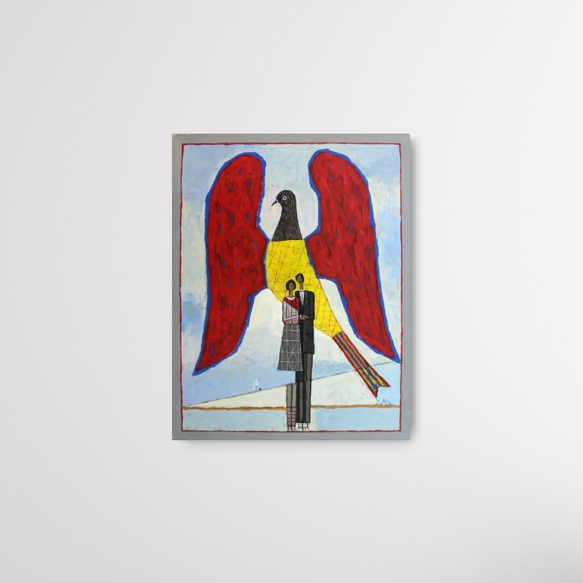 Sin título - Siglo XXI, Pintura al óleo contemporánea, Figurativo, Pareja, Pájaro - Figurative Painting Gris de Mikołaj Malesza