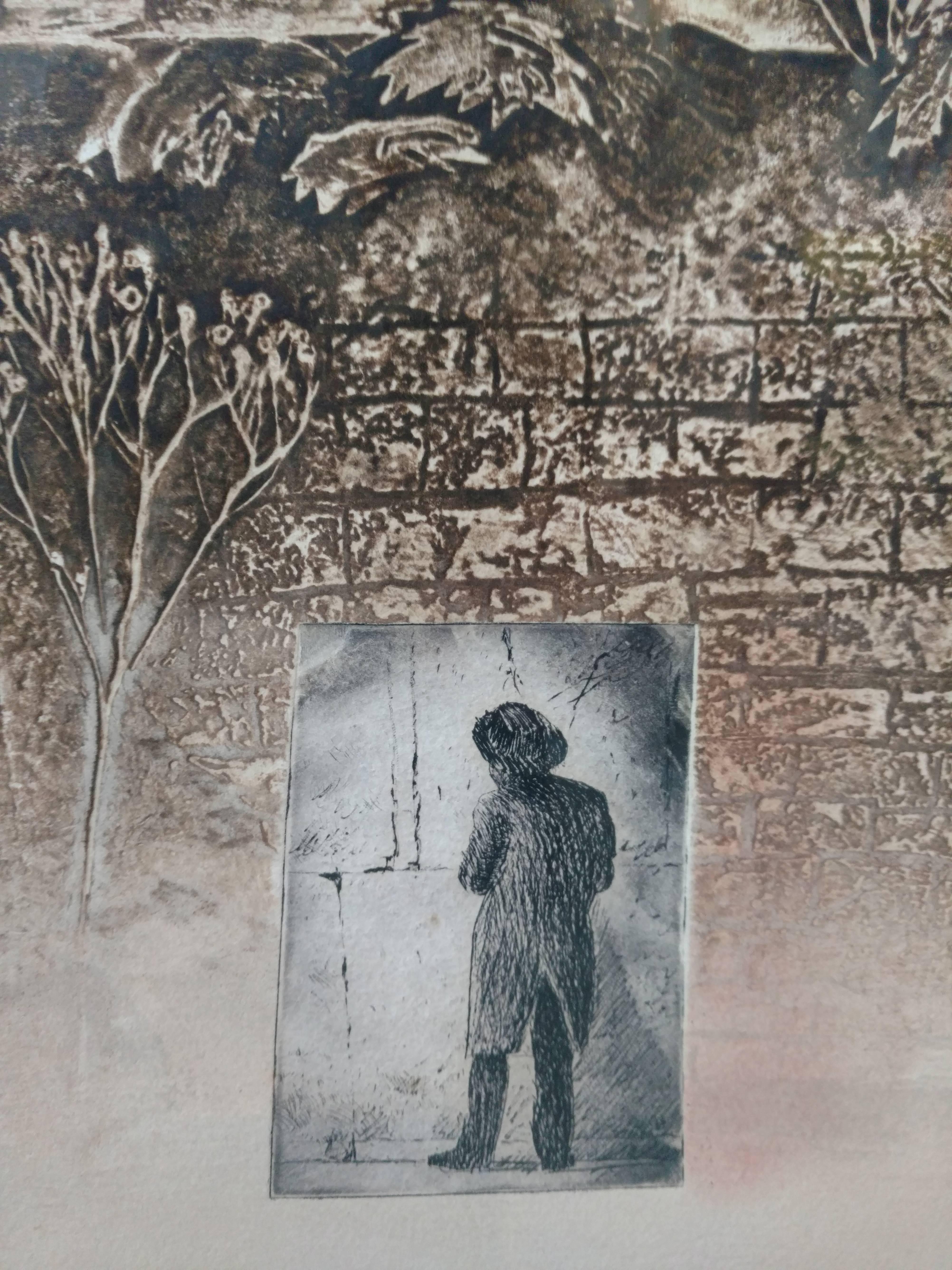 Jérusalem City of Gold, gravure en taille-douce Triptyque technique mixte art judaïque israélien en vente 4