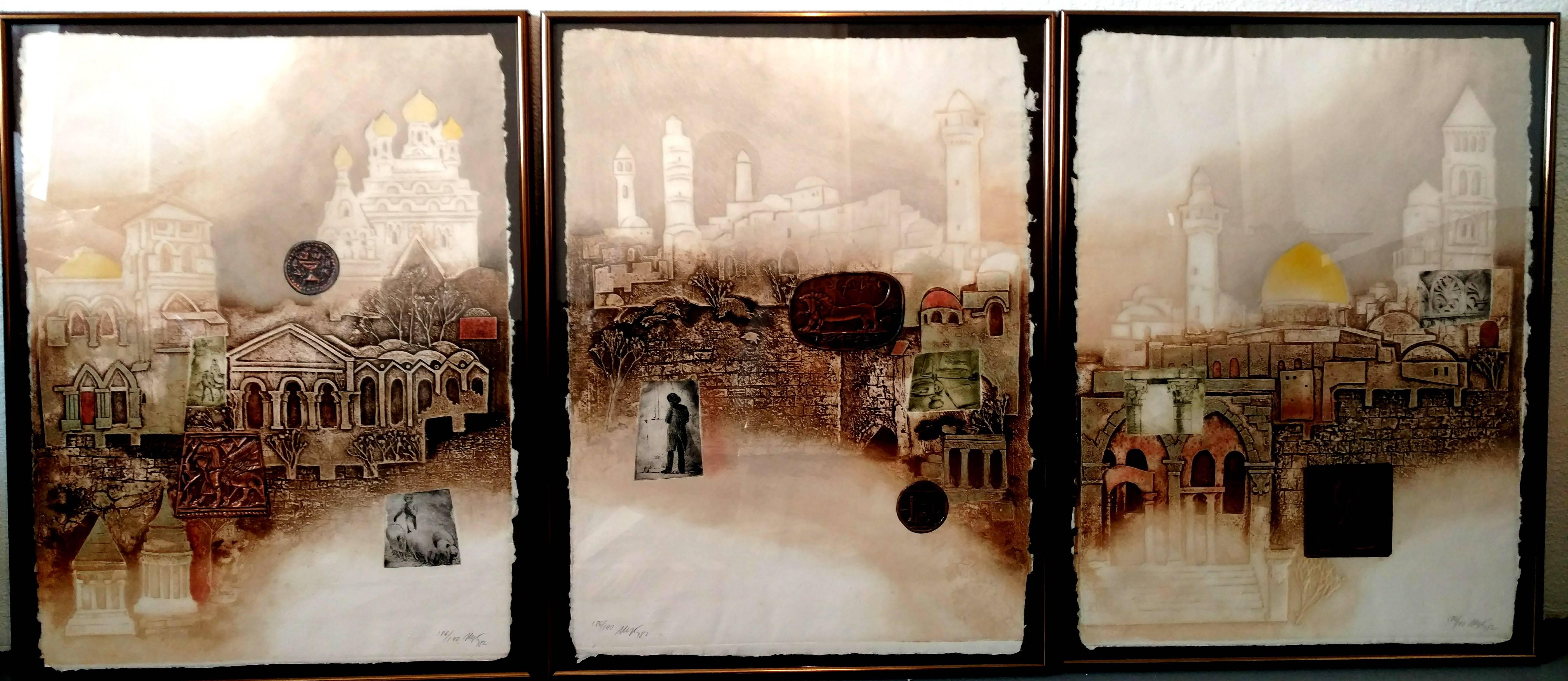 Jérusalem City of Gold, gravure en taille-douce Triptyque technique mixte art judaïque israélien - Mixed Media Art de Mikulas Kravjansky