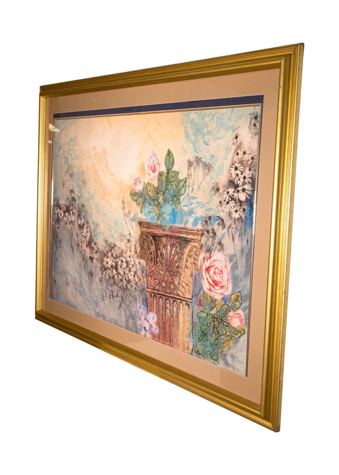 A lovely mixed media on paper titled “Inspirational Flowers” by Mikulas Kravjansky. Hand signed in pencil bottom right and annotated 39/50 with a 1986 date. A lush floral scene that flows within a radiant bright scenery. Krasvjansky is an