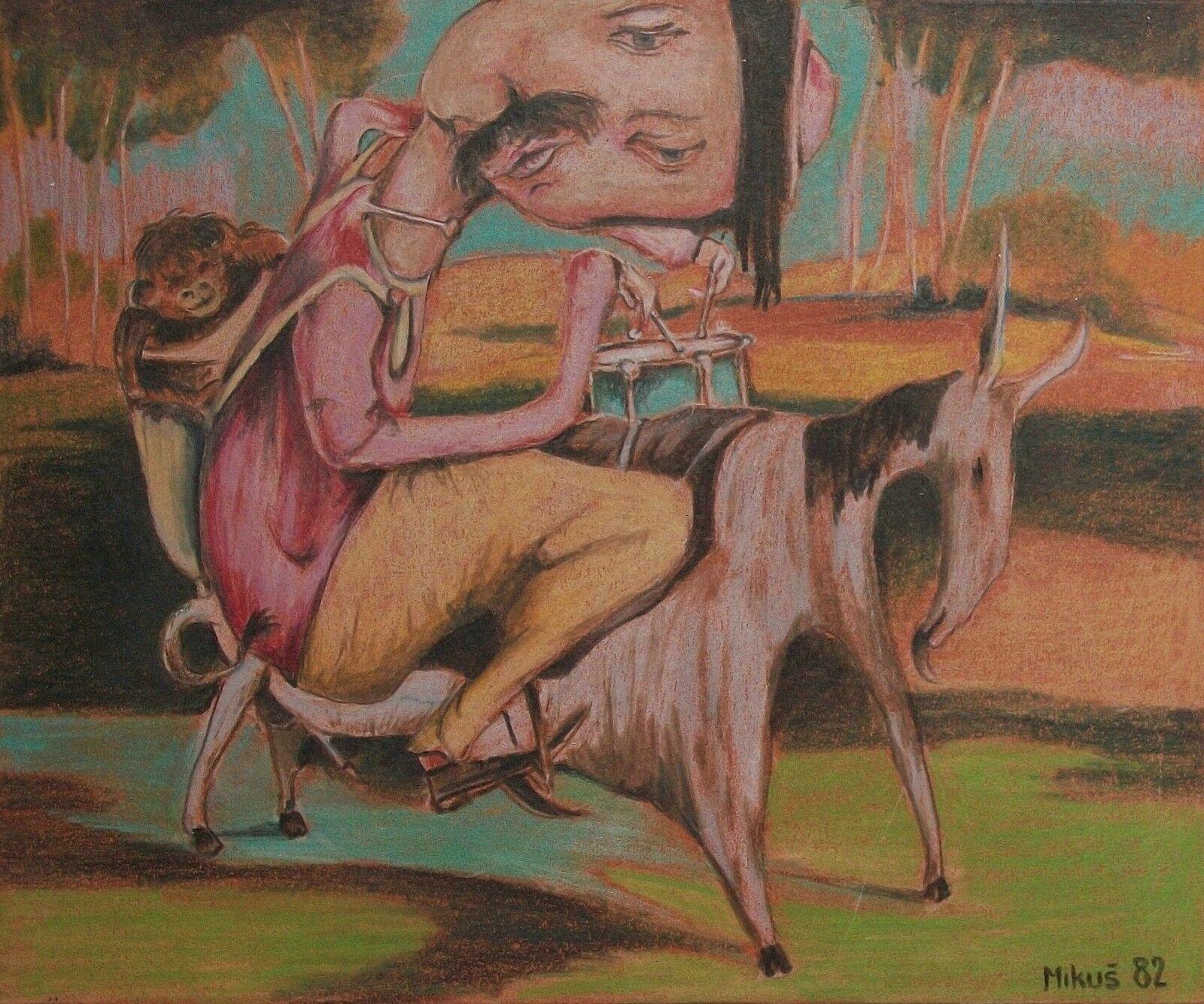 MIKUŠ - 'Monkey On My Back' - Surrealistische Farbstift- und Graphitzeichnung auf Papier - signiert und datiert mit Bleistift unten rechts - ungerahmt - Tschechoslowakei - um 1982. 

Ausgezeichneter Vintage-Zustand - kein Verlust - keine