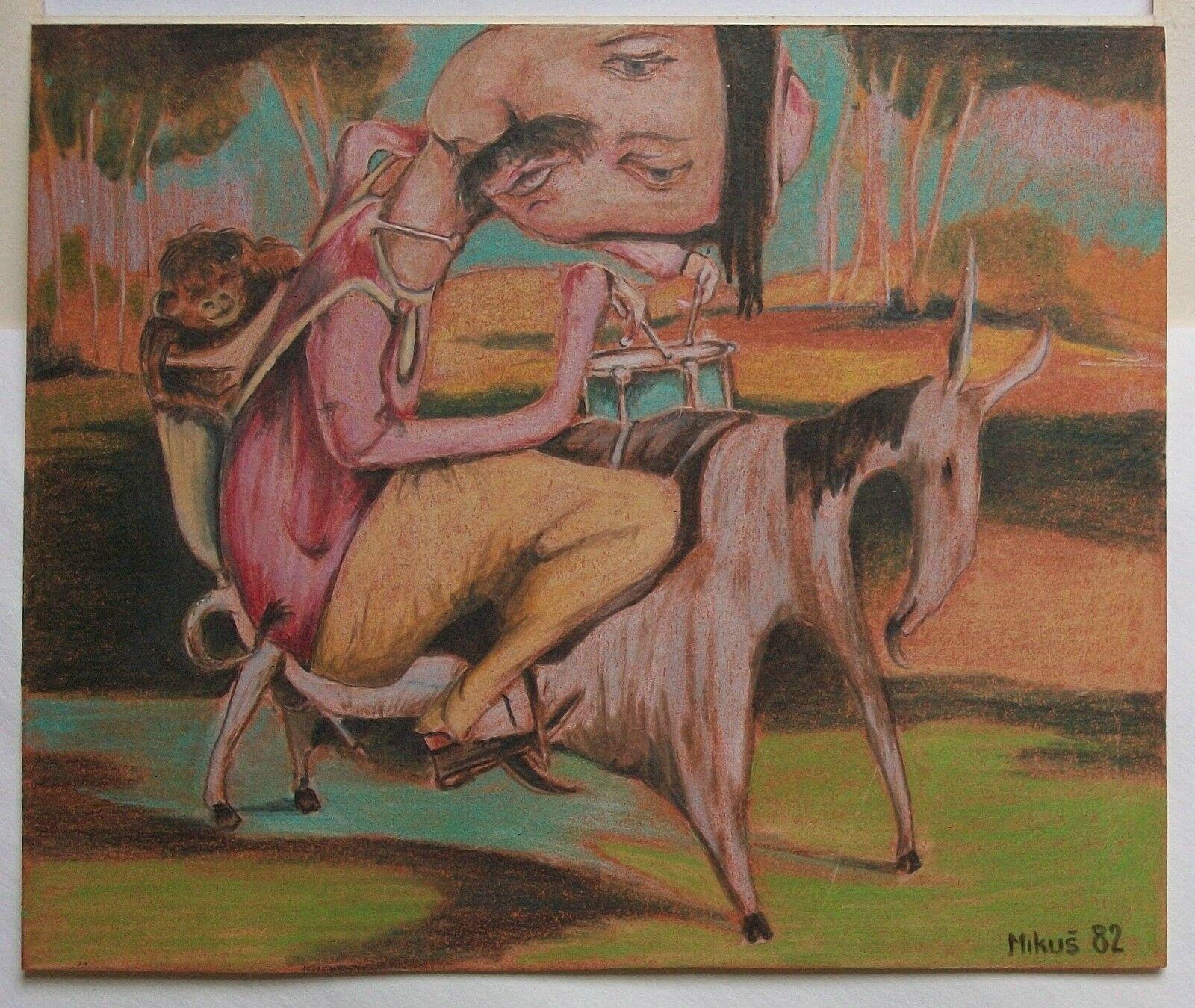 Mikuš, 'Affe auf meinem Rücken', Surrealistische Farbstiftzeichnung, C.R., C.1982 (Moderne) im Angebot