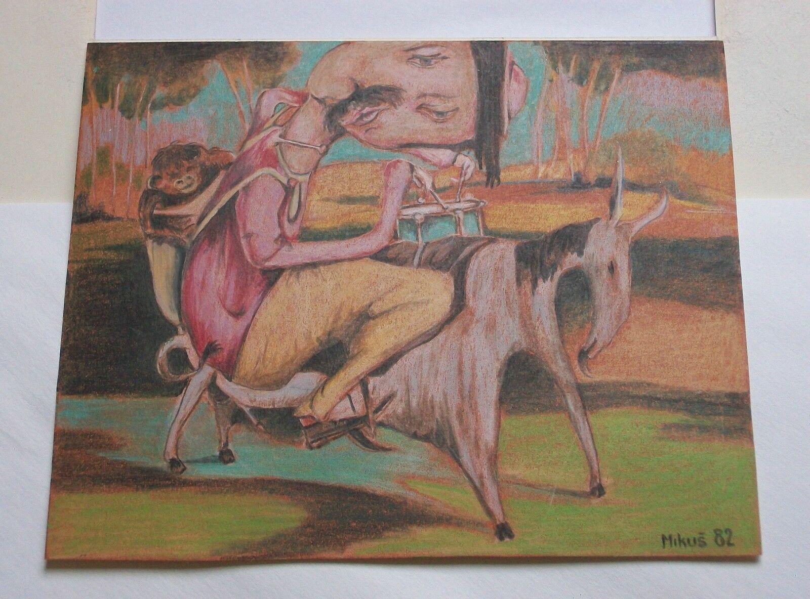 Mikuš, 'Affe auf meinem Rücken', Surrealistische Farbstiftzeichnung, C.R., C.1982 (Tschechisch) im Angebot