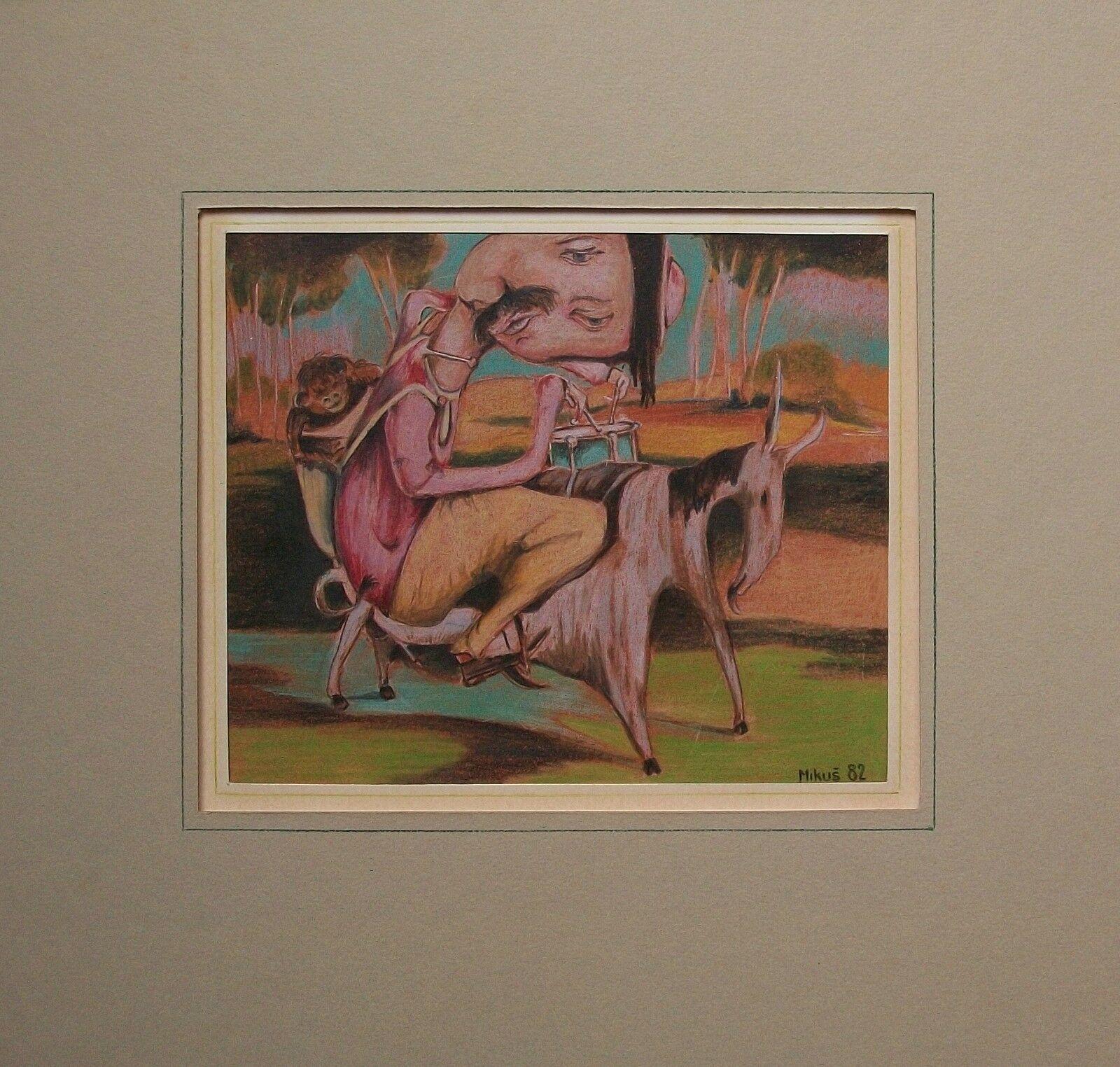 Mikuš, 'Affe auf meinem Rücken', Surrealistische Farbstiftzeichnung, C.R., C.1982 (Handbemalt) im Angebot
