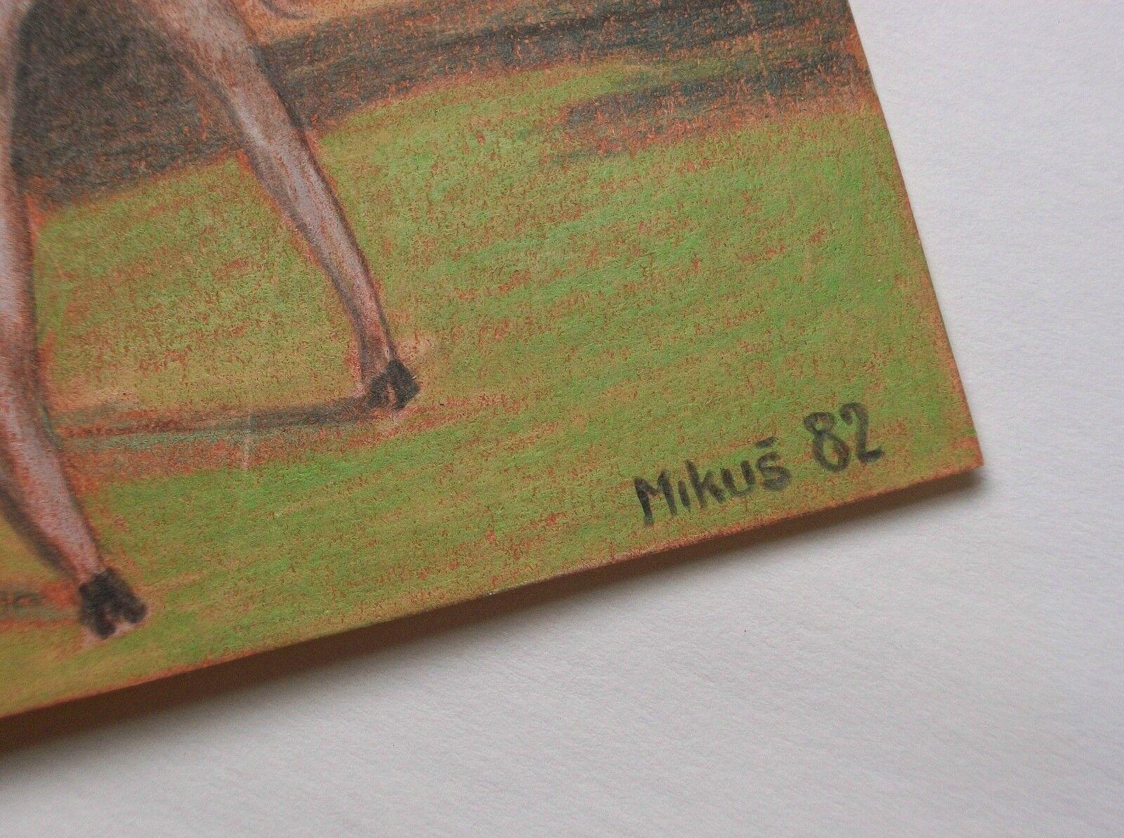 Mikuš, 'Affe auf meinem Rücken', Surrealistische Farbstiftzeichnung, C.R., C.1982 im Zustand „Gut“ im Angebot in Chatham, ON