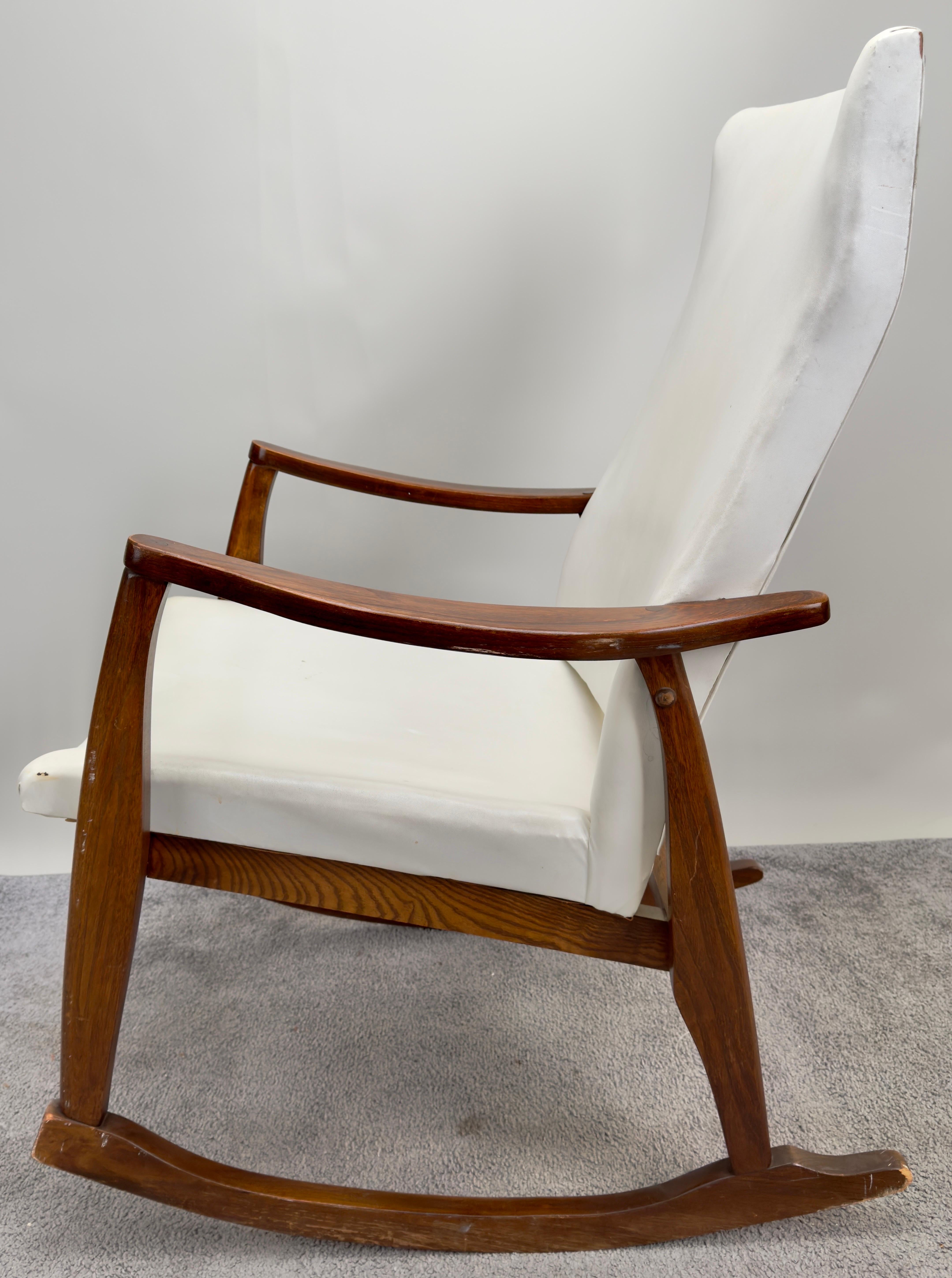 American Milo Baughman Style MCM in White Faux Leather Rocking Chair For Sale