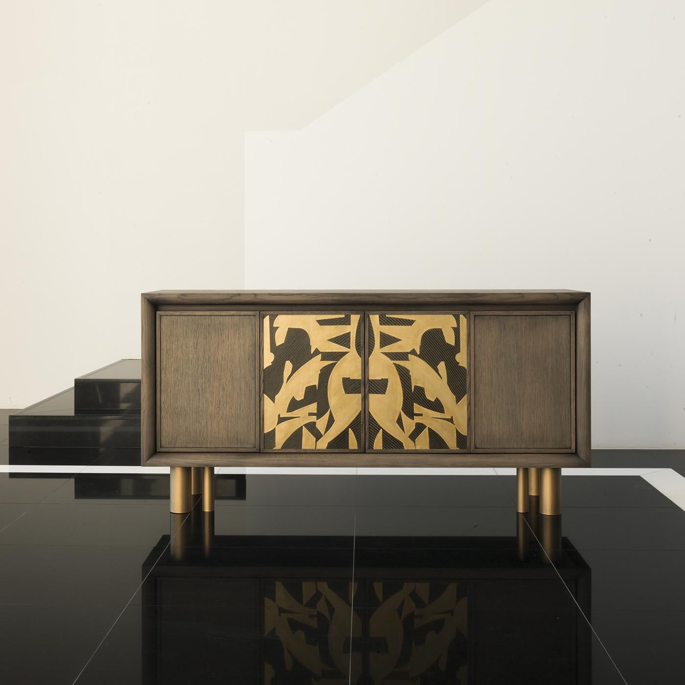 A stunning piece from Chiara Provasi's Couture Collection, the Mila Abstract Painting Sideboard is the fruit of research into the intersection of fashion, art and furniture. Handcrafted in oak with a gray finish, the sideboard features two cabinet