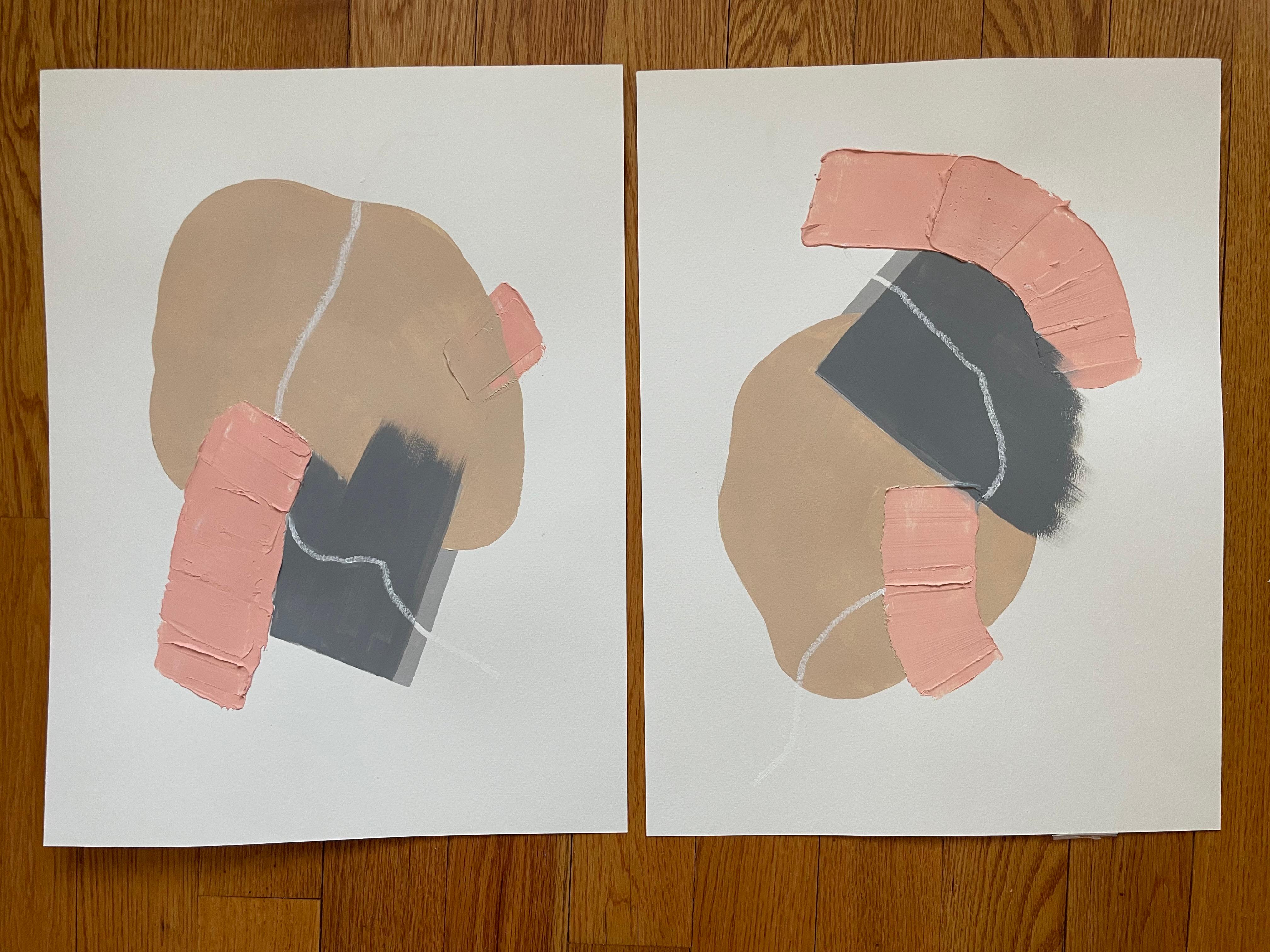 Composizione astratta - acrilico su carta nei colori beige, grigio, rosa salmone, 2023 - Painting di Mila Akopova