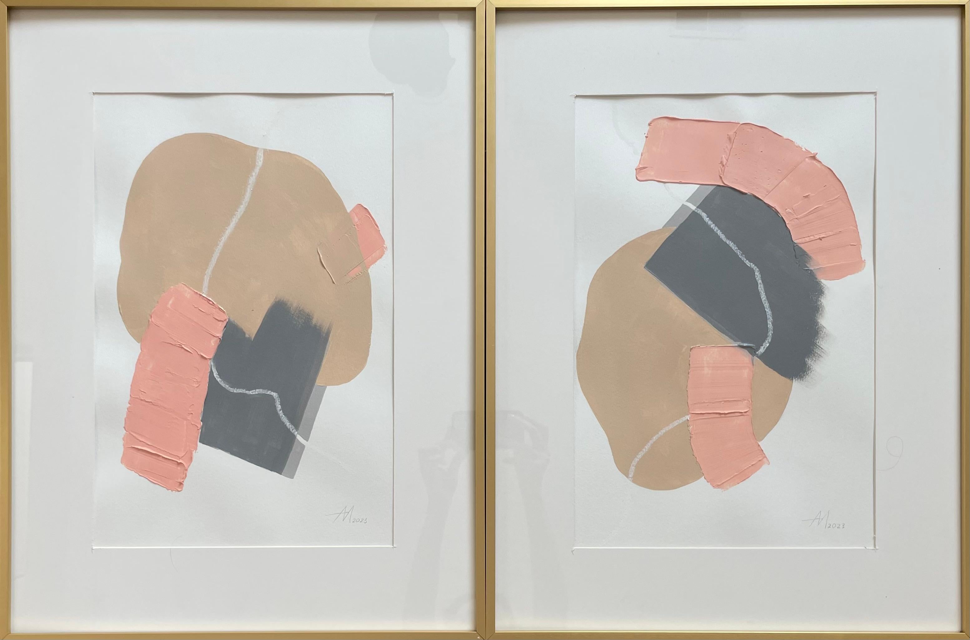 composition abstraite - acrylique sur papier beige, gris, couleur saumon rose, 2023