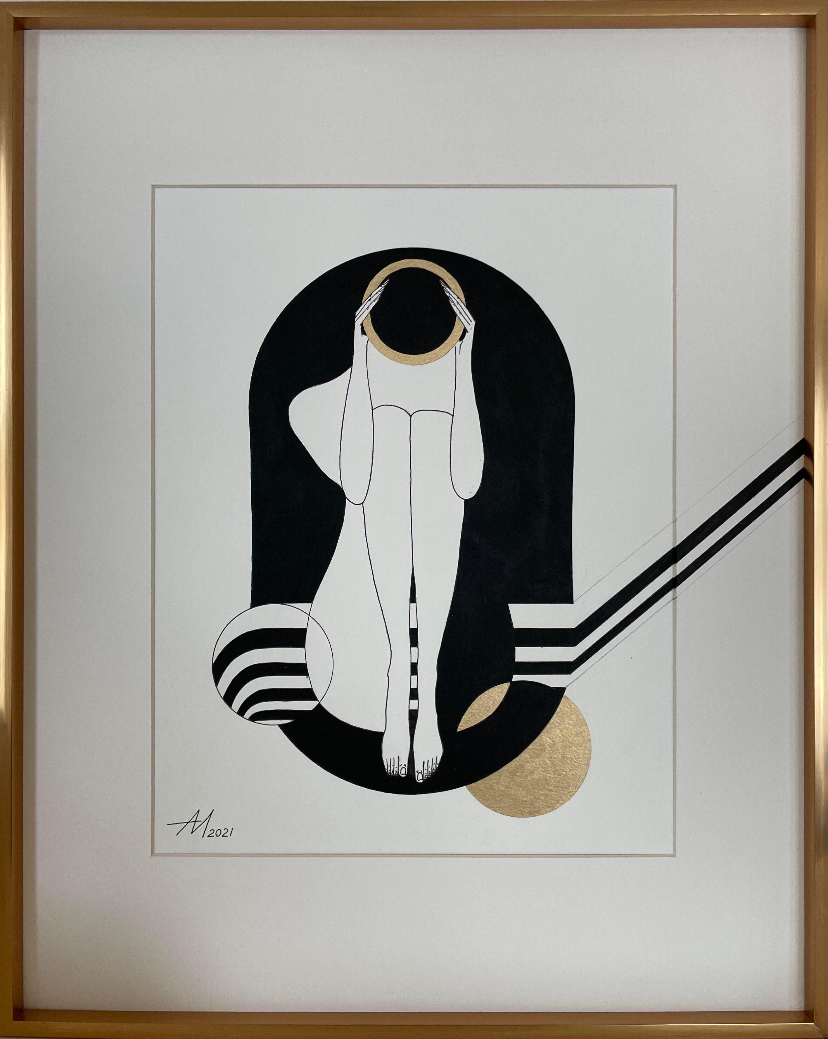 Beyond the scale - line drawing figure with gold disk and stripes - Abstrait Art par Mila Akopova