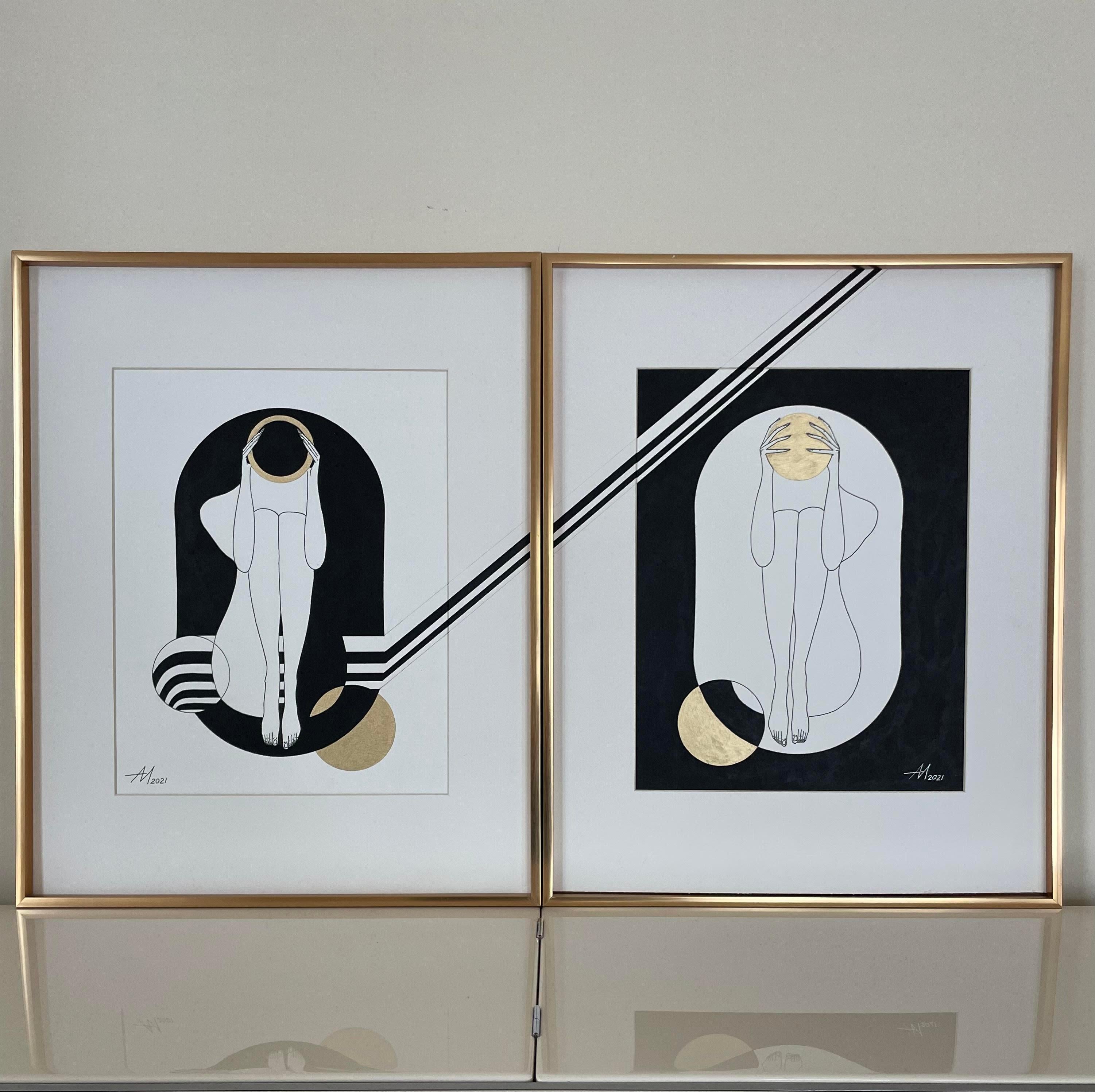 Beyond the scale - line drawing figure with gold disk and stripes - Gris Abstract Drawing par Mila Akopova