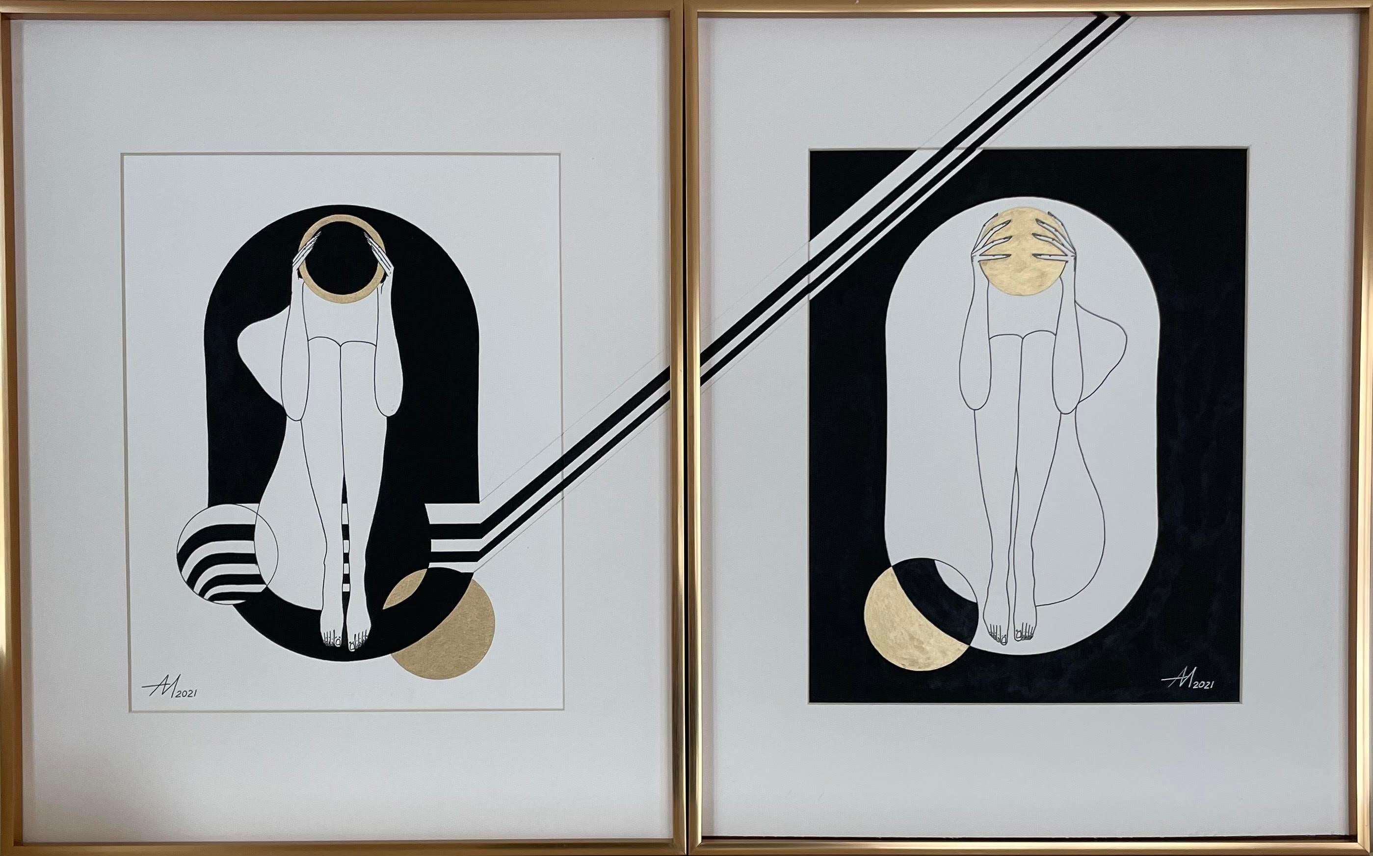 Mila Akopova Abstract Painting - Beyond the scale - line drawing figure with gold disk and stripes