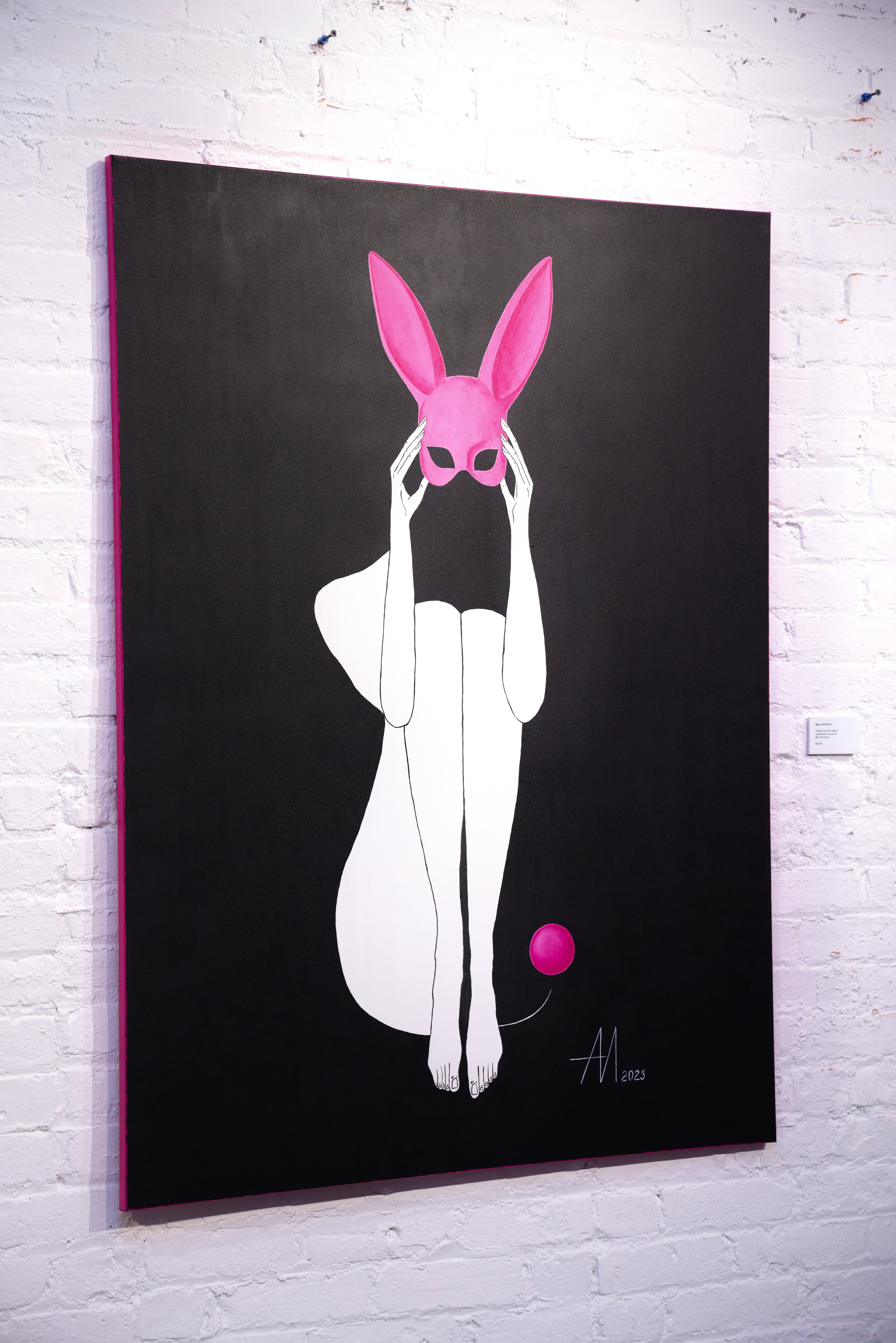 Follow the pink rabbit - abstract art, line drawing  - Painting by Mila Akopova