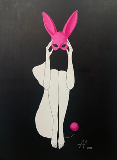 Follow the pink rabbit - abstract art, line drawing 