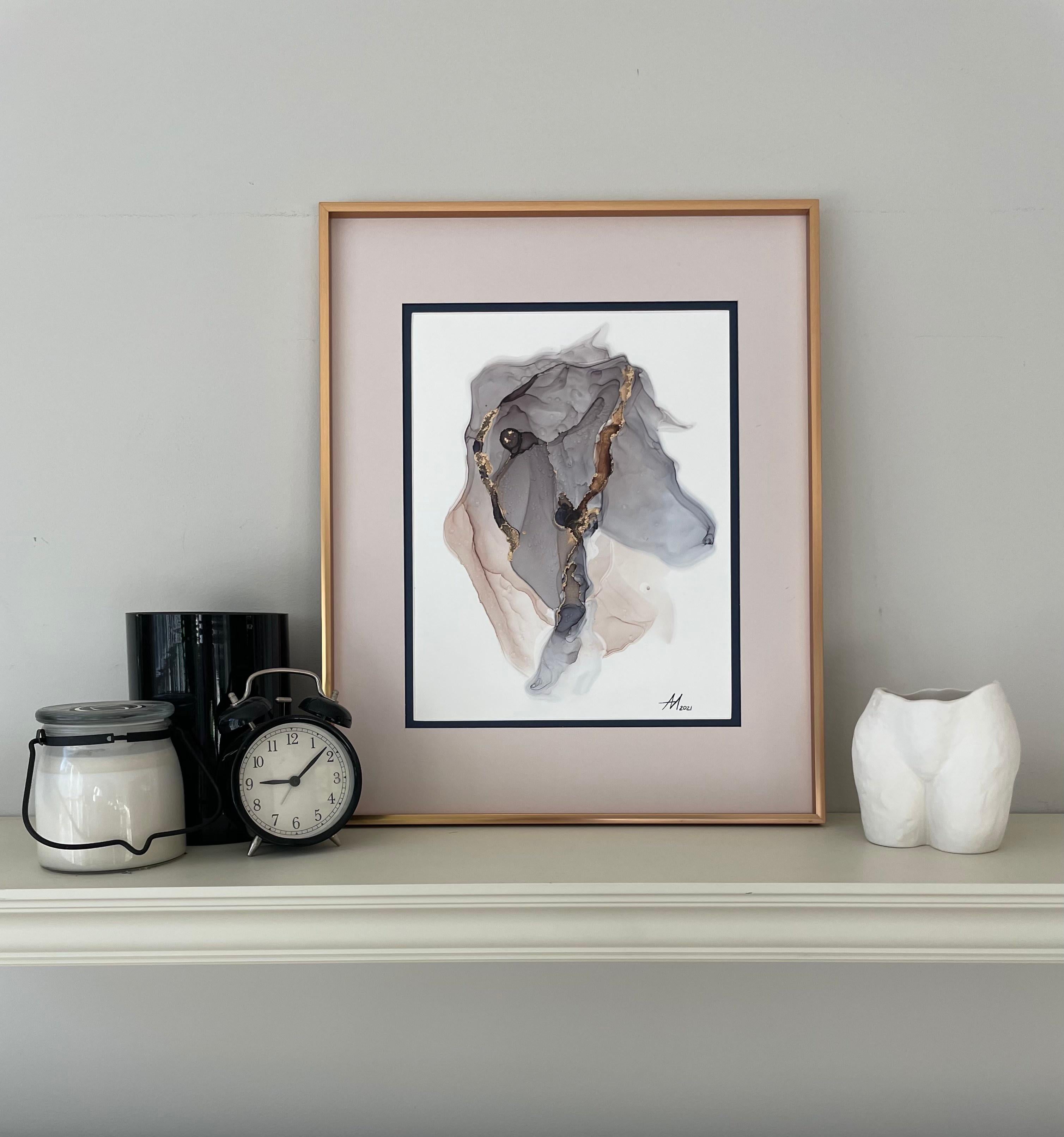 Miss Charm (horse) - abstract painting, made in grey, beige, gold, blue color  - Art by Mila Akopova