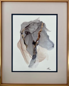 Miss Charm (horse) - abstract painting, made in grey, beige, gold, blue color 