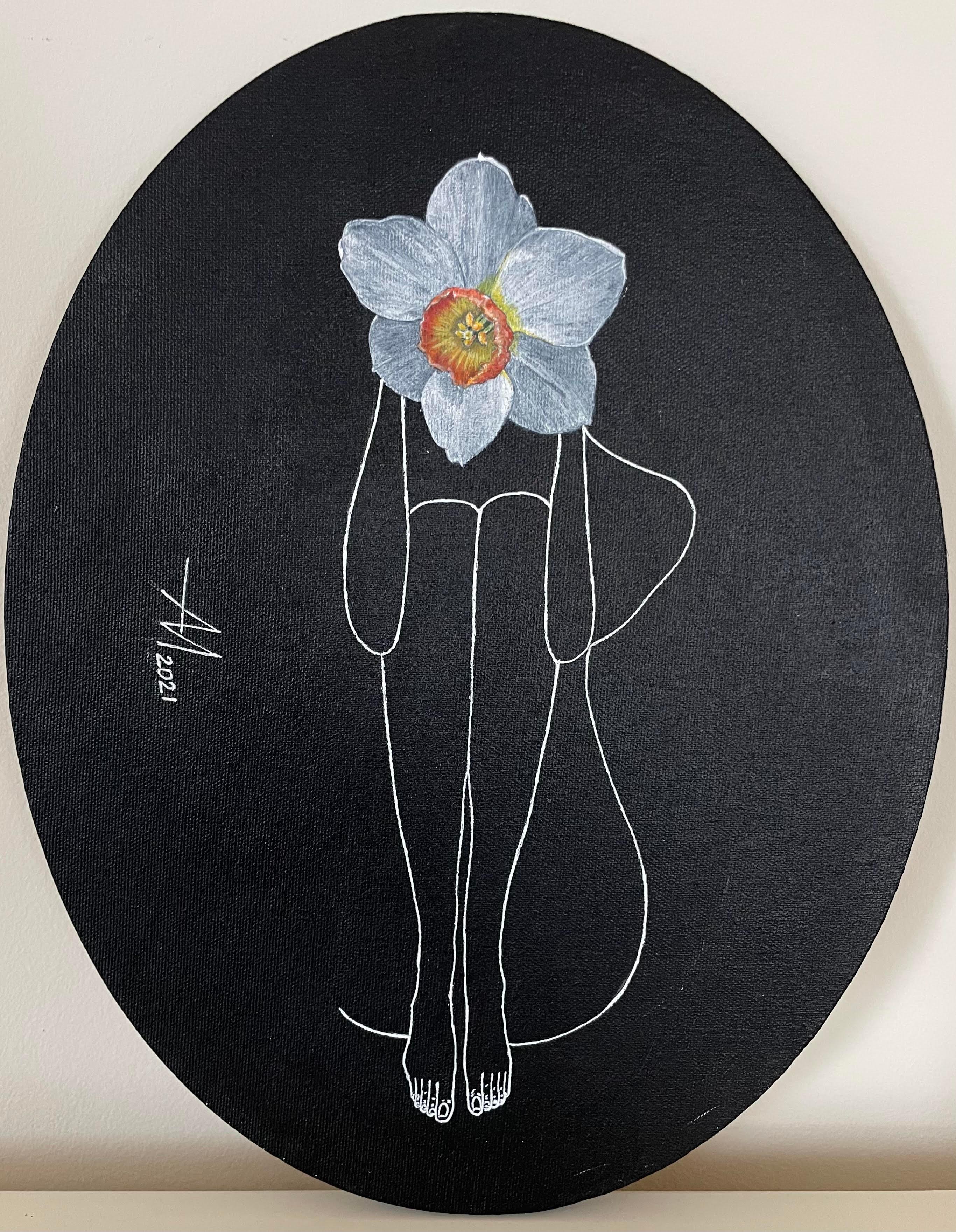 Narciso (narciso) - disegno al tratto figura di donna con fiore - Painting di Mila Akopova
