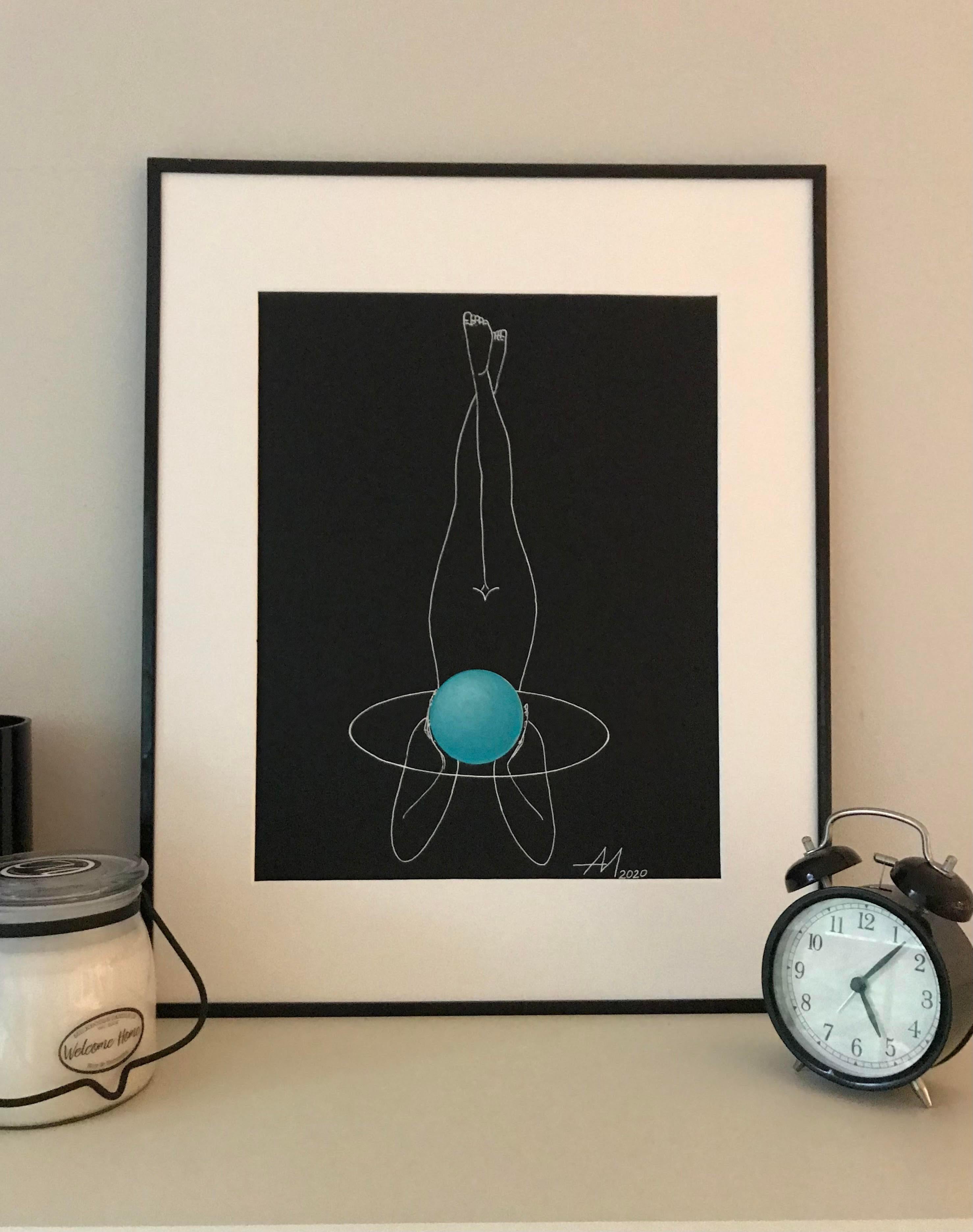 Outer orbit (planet) - line drawing woman figure with a  turquoise planet - Art by Mila Akopova