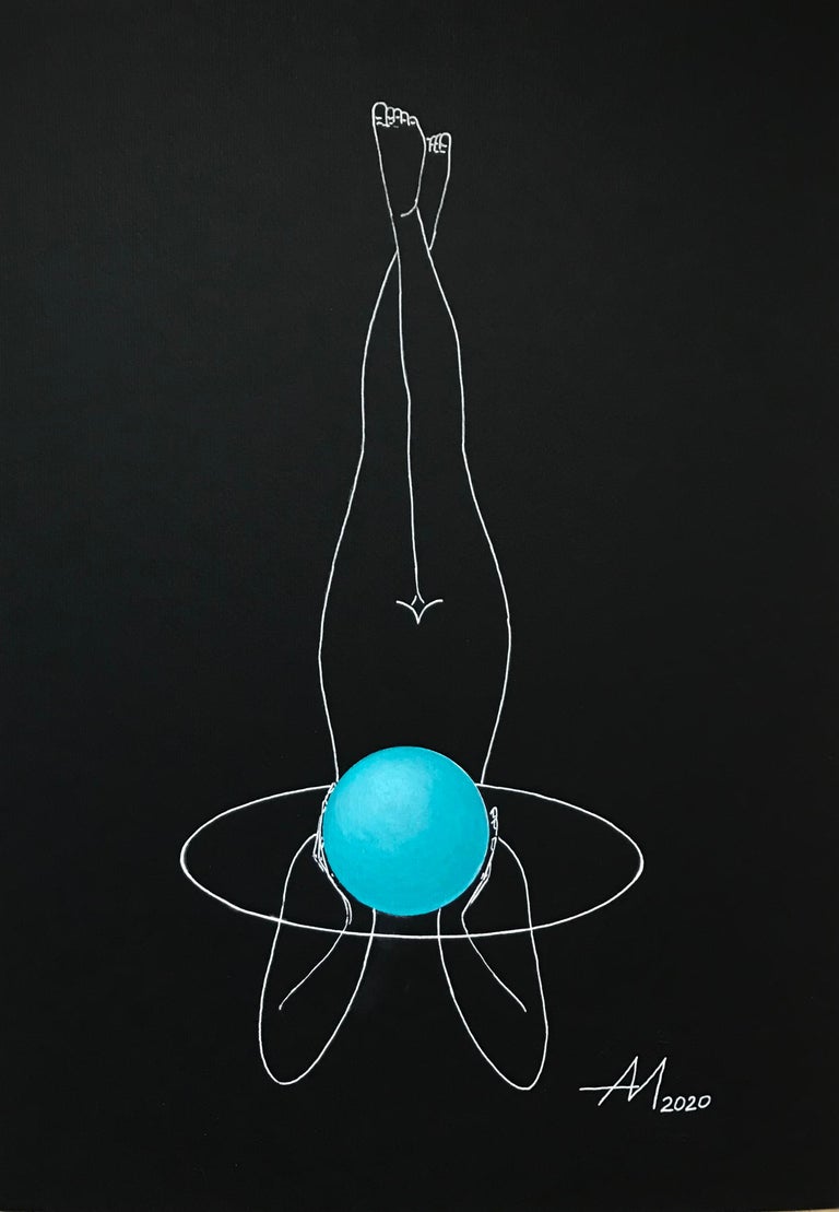 Outer orbit (planet) - line drawing woman figure with a  turquoise planet - Abstract Art by Mila Akopova