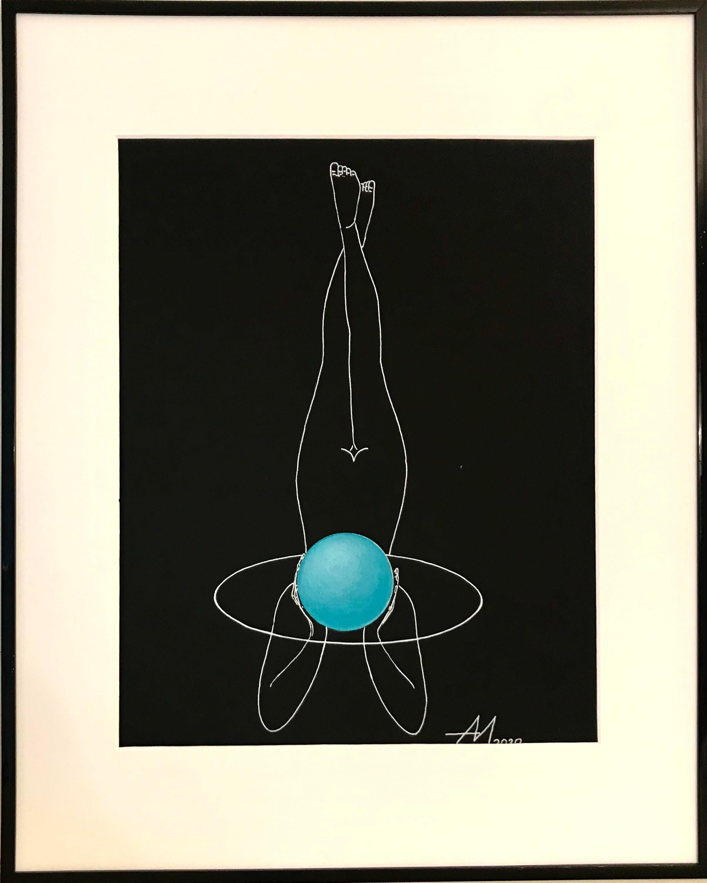 Mila Akopova Abstract Drawing - Outer orbit (planet) - line drawing woman figure with a  turquoise planet