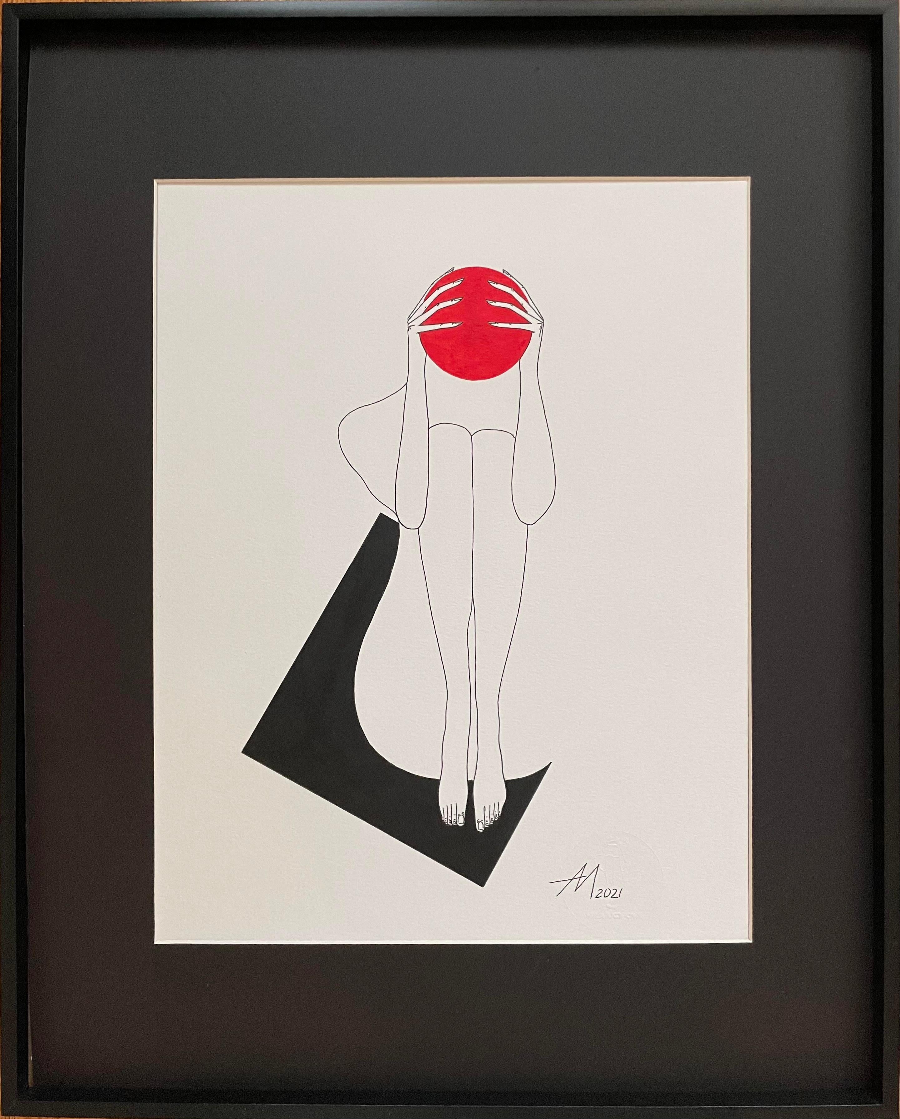 composition suprématiste cercle rouge et figure de femme en carré noir au dessin au trait - Gris Abstract Drawing par Mila Akopova