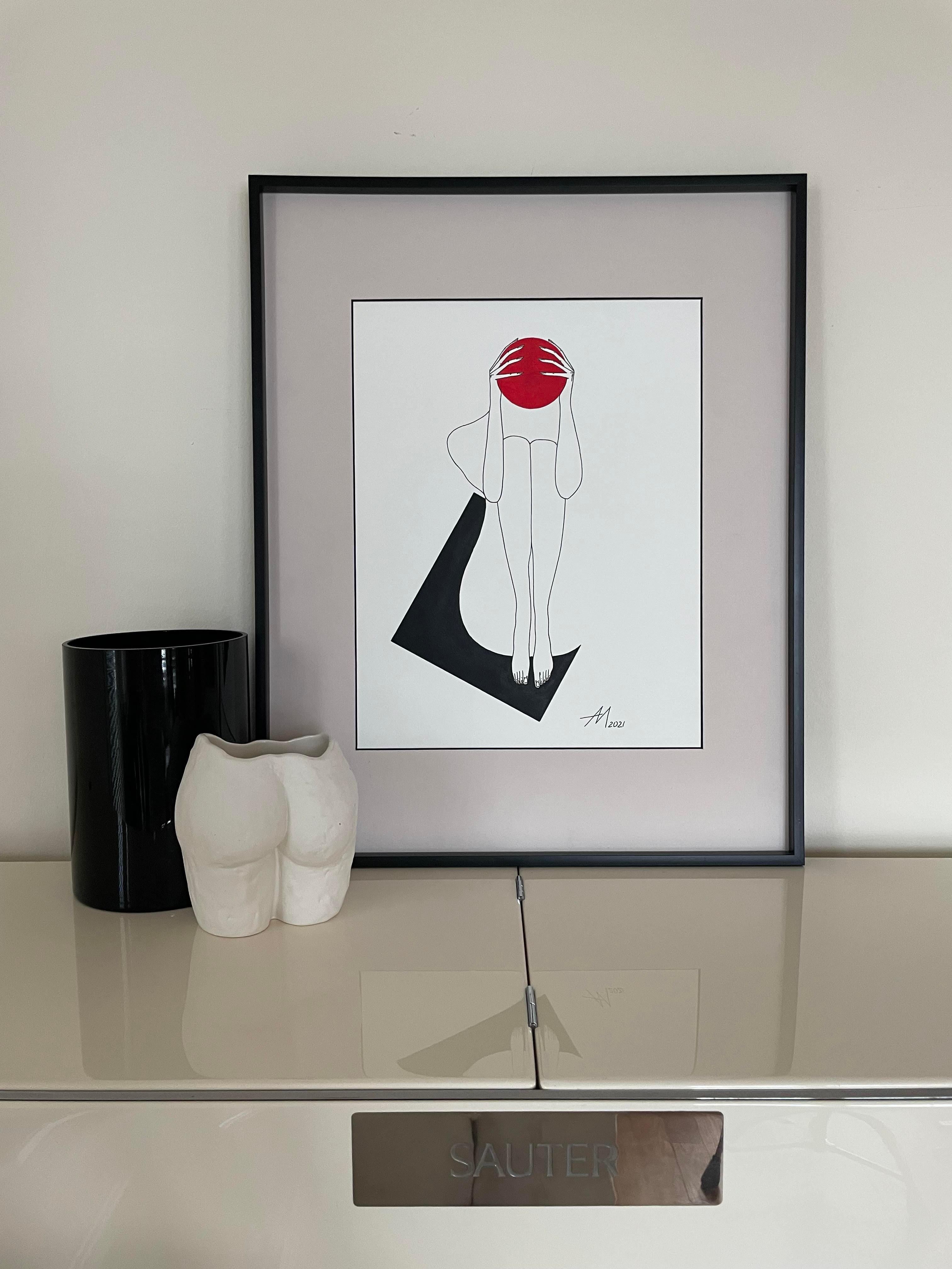 Cuadros de interiorismo. La obra se realizó con acrílico y acuarela en color rojo y negro sobre papel de acuarela de 360 g.  La obra tiene un tamaño de 11 por 15 pulgadas enmarcada (en negro) con una cara de estireno sobre un tablero mate de color