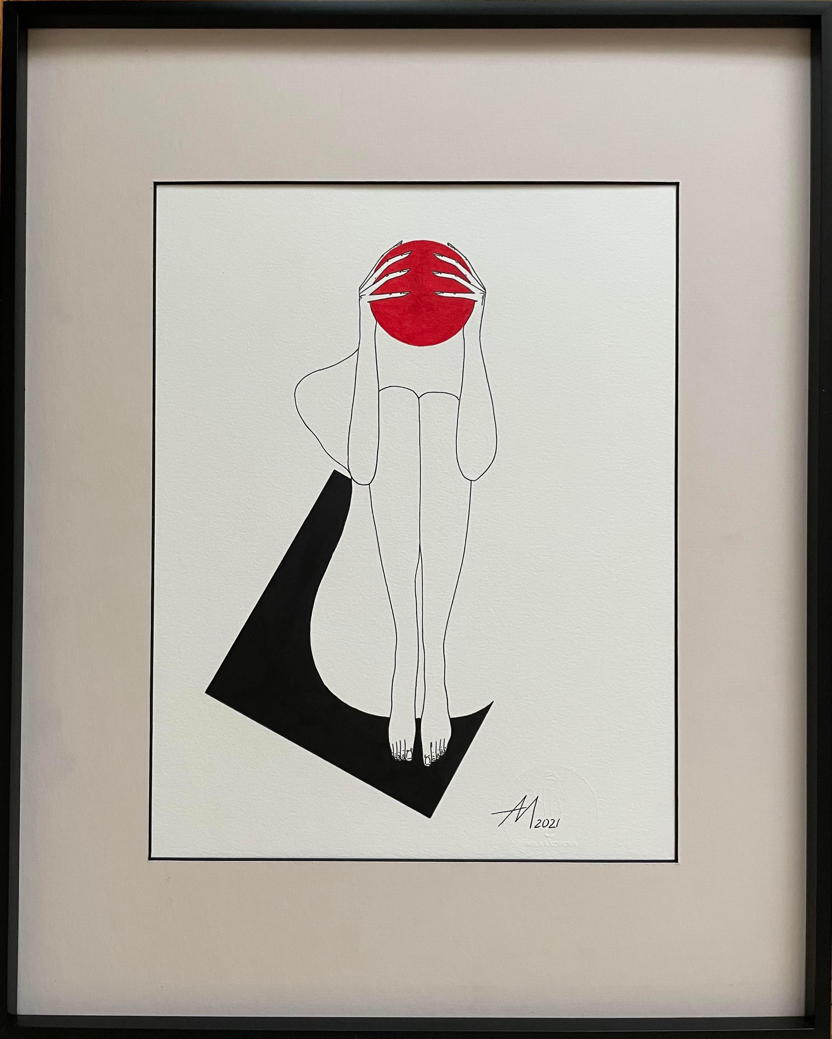 Suprematist composition red circle and black square - line drawing woman figure