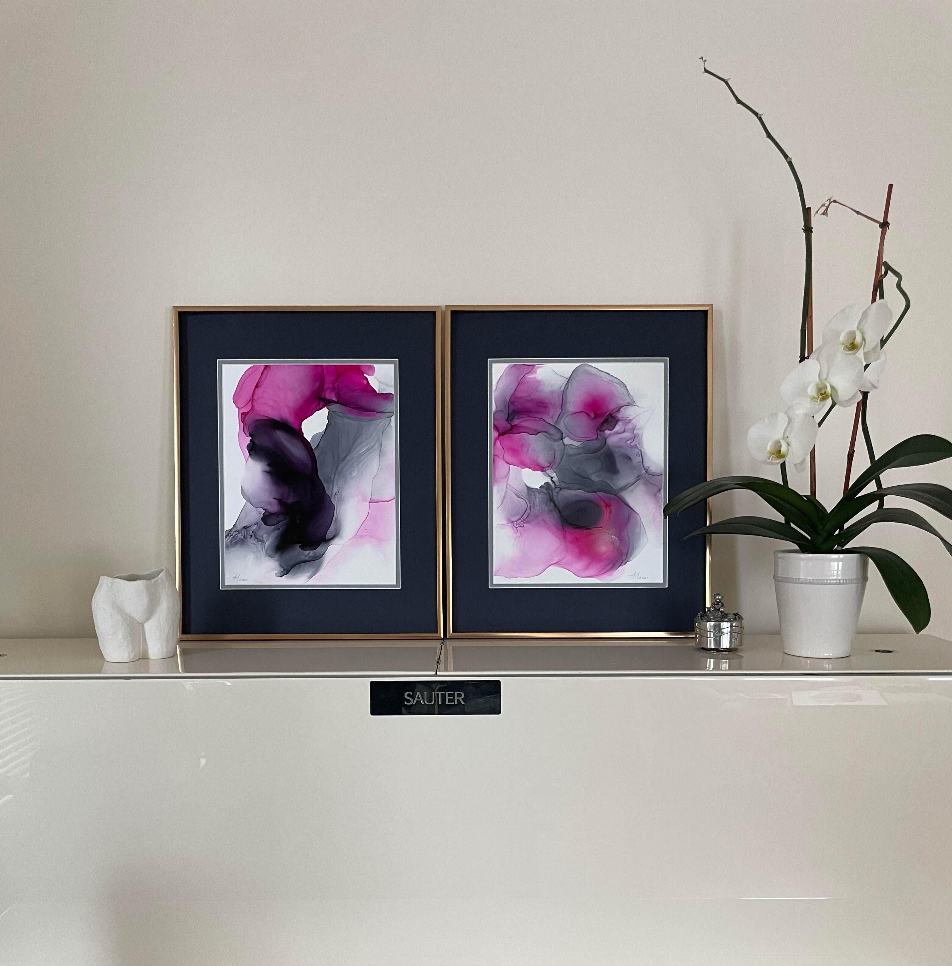 Le jardin des plaisirs - art d'abstraction, réalisé en rose, violet et gris  - Art de Mila Akopova