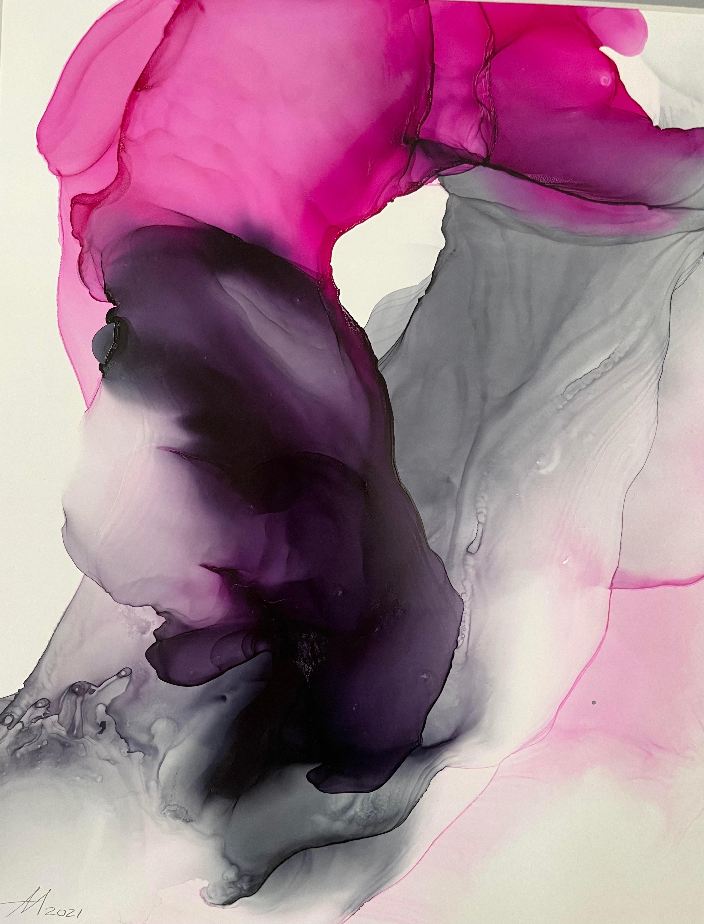 Innenarchitektur-Gemälde. Das Diptychon ist mit alkoholischer Tinte in rosa, lila, fuchsia, grau auf Yupo-Papier gemacht.
Jedes Werk ist 11 x 14 Zoll groß, gerahmt (schwarz) mit einer Styrolplatte auf einem Passepartoutkarton mit den Maßen 16 x 20