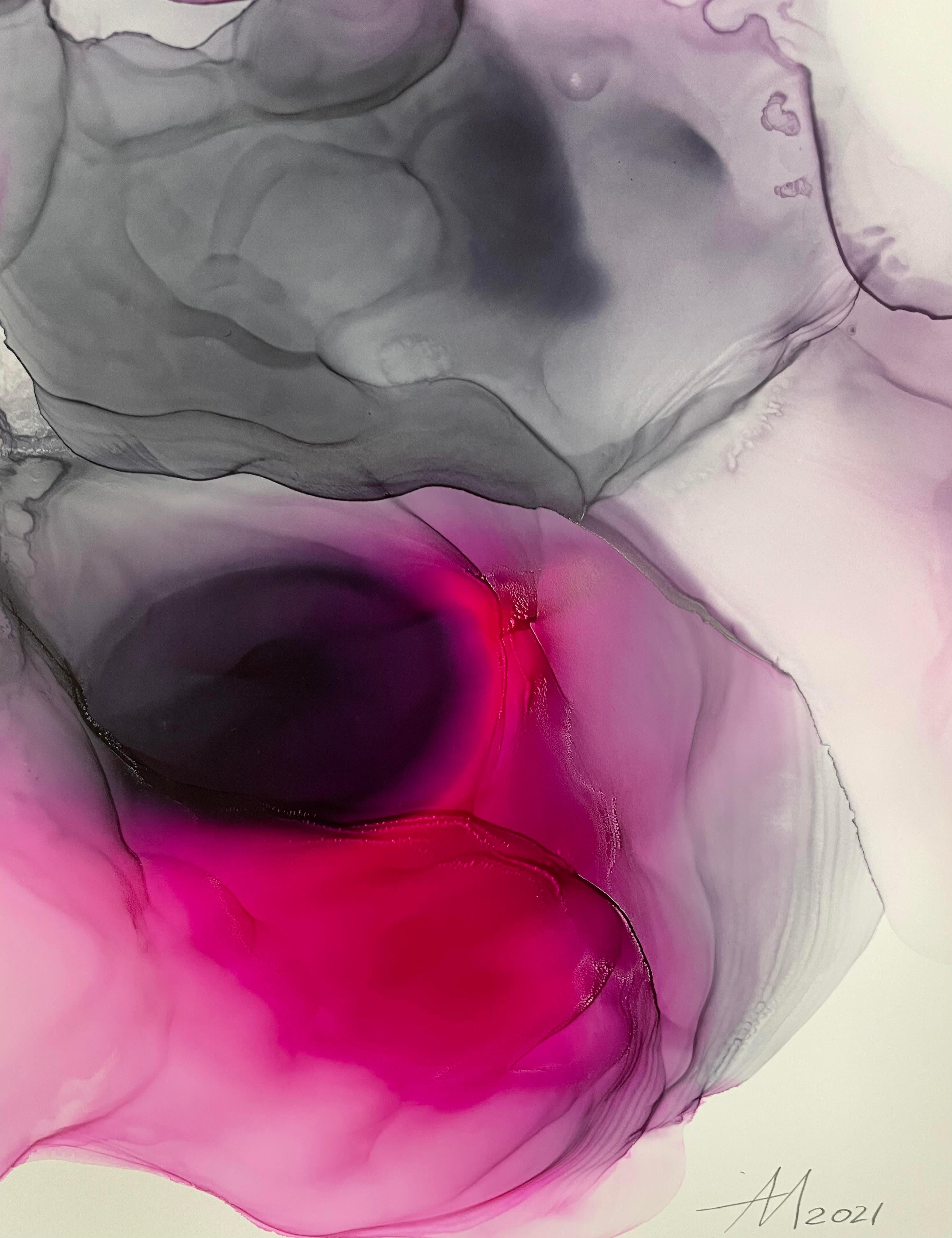 Le jardin des plaisirs - art d'abstraction, réalisé en rose, violet et gris  - Noir Abstract Drawing par Mila Akopova