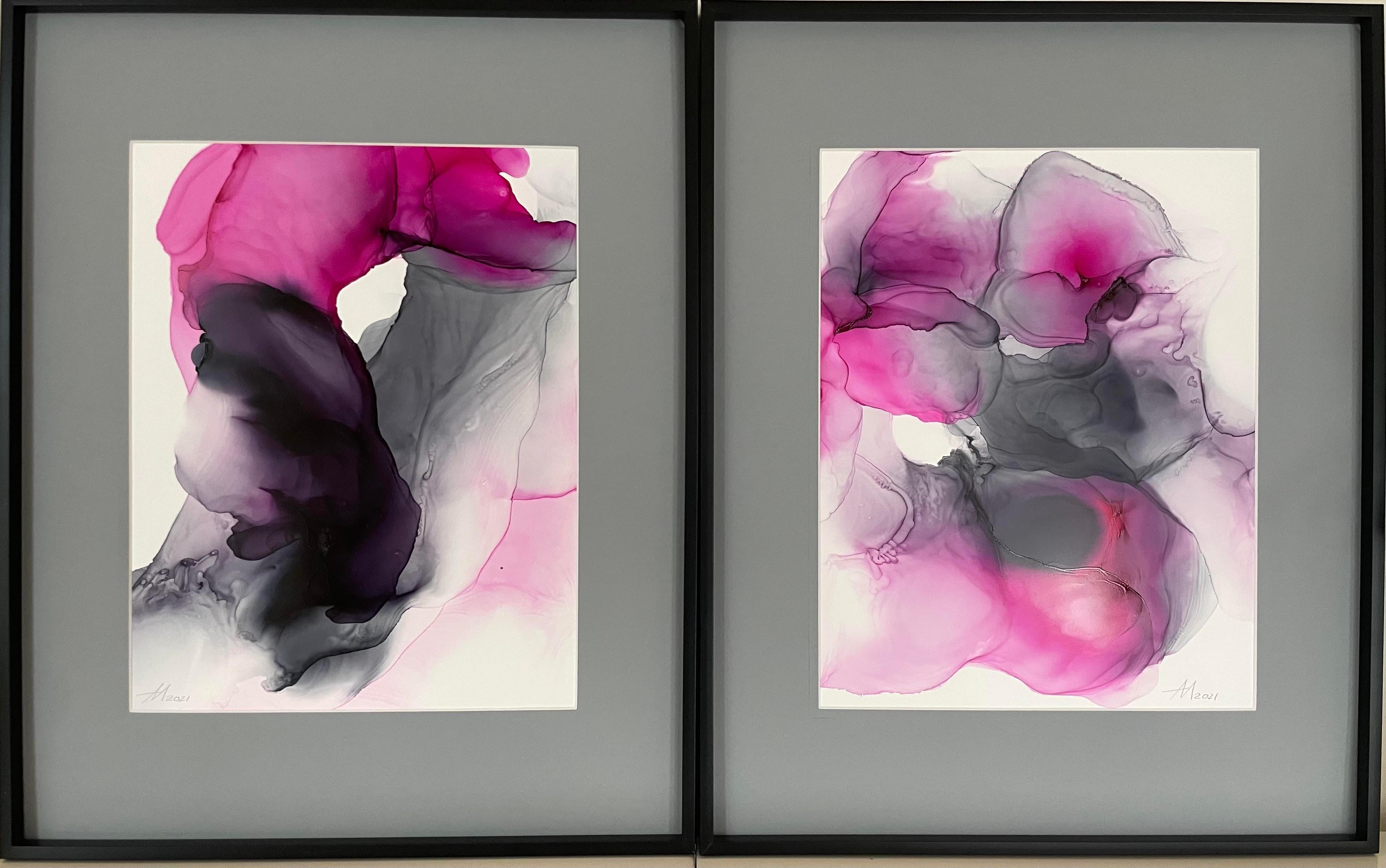 Mila Akopova Abstract Drawing - The garden of delights - abstraction art, made in pink, purple, grey color 