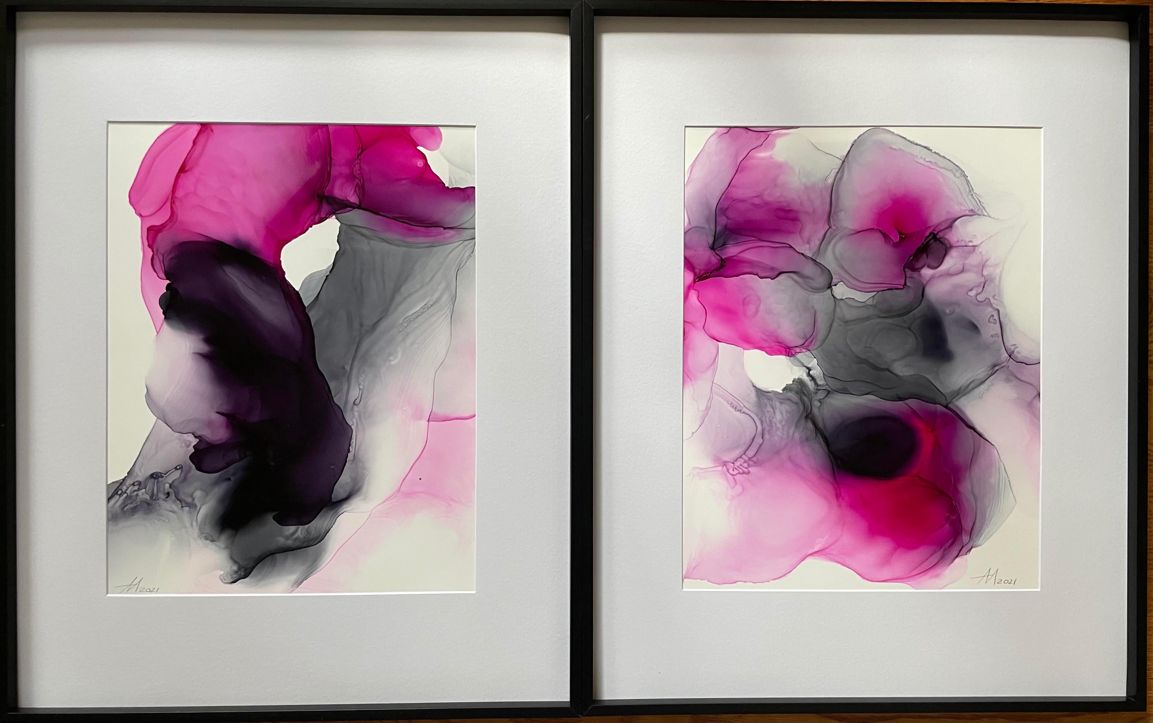 Mila Akopova Abstract Drawing - The garden of delights - abstraction art, made in pink, purple, grey color 