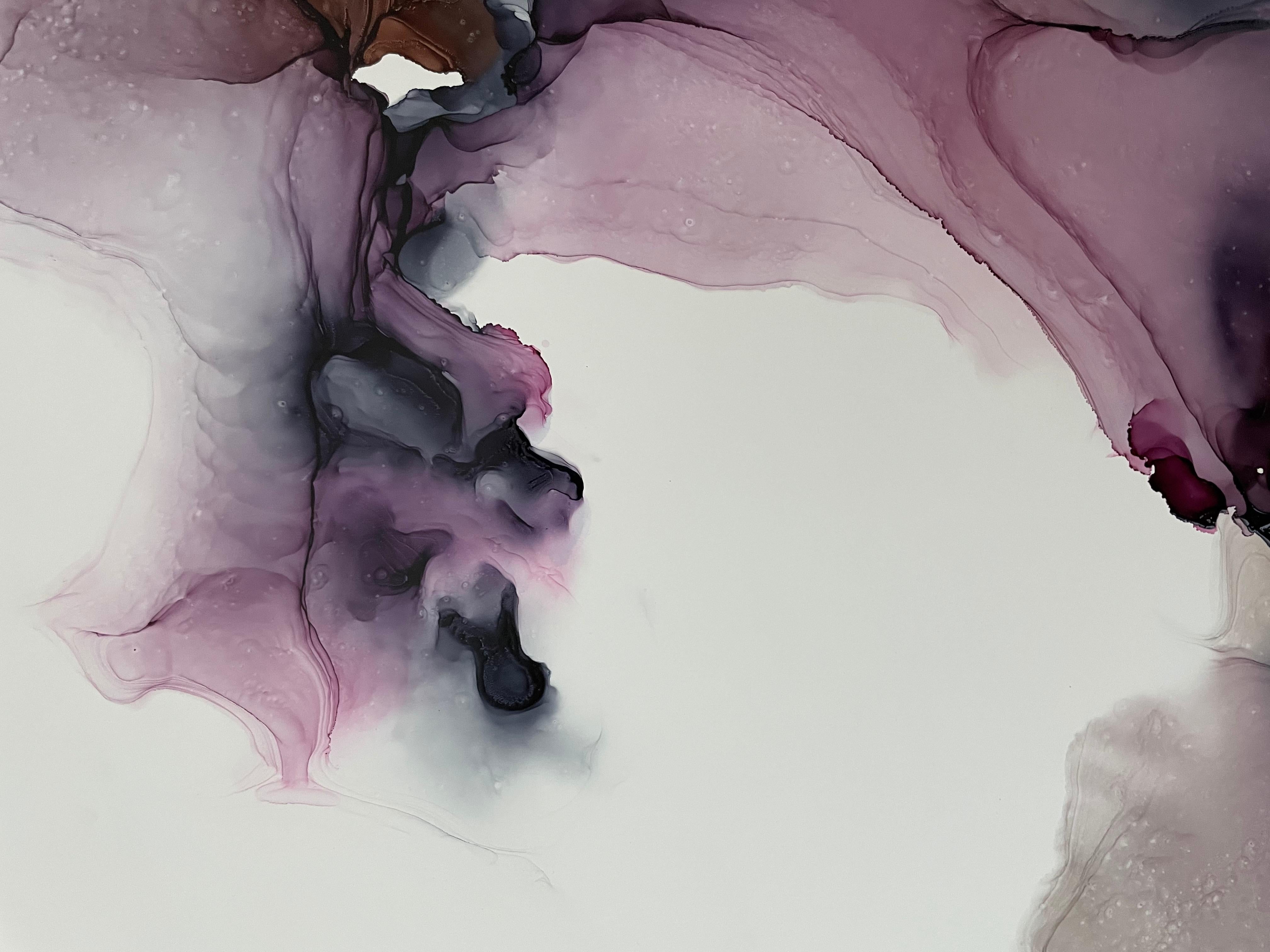 Untitled-abstraction art, made in purple, pink, grey, brown, blue color - Gray Abstract Drawing by Mila Akopova