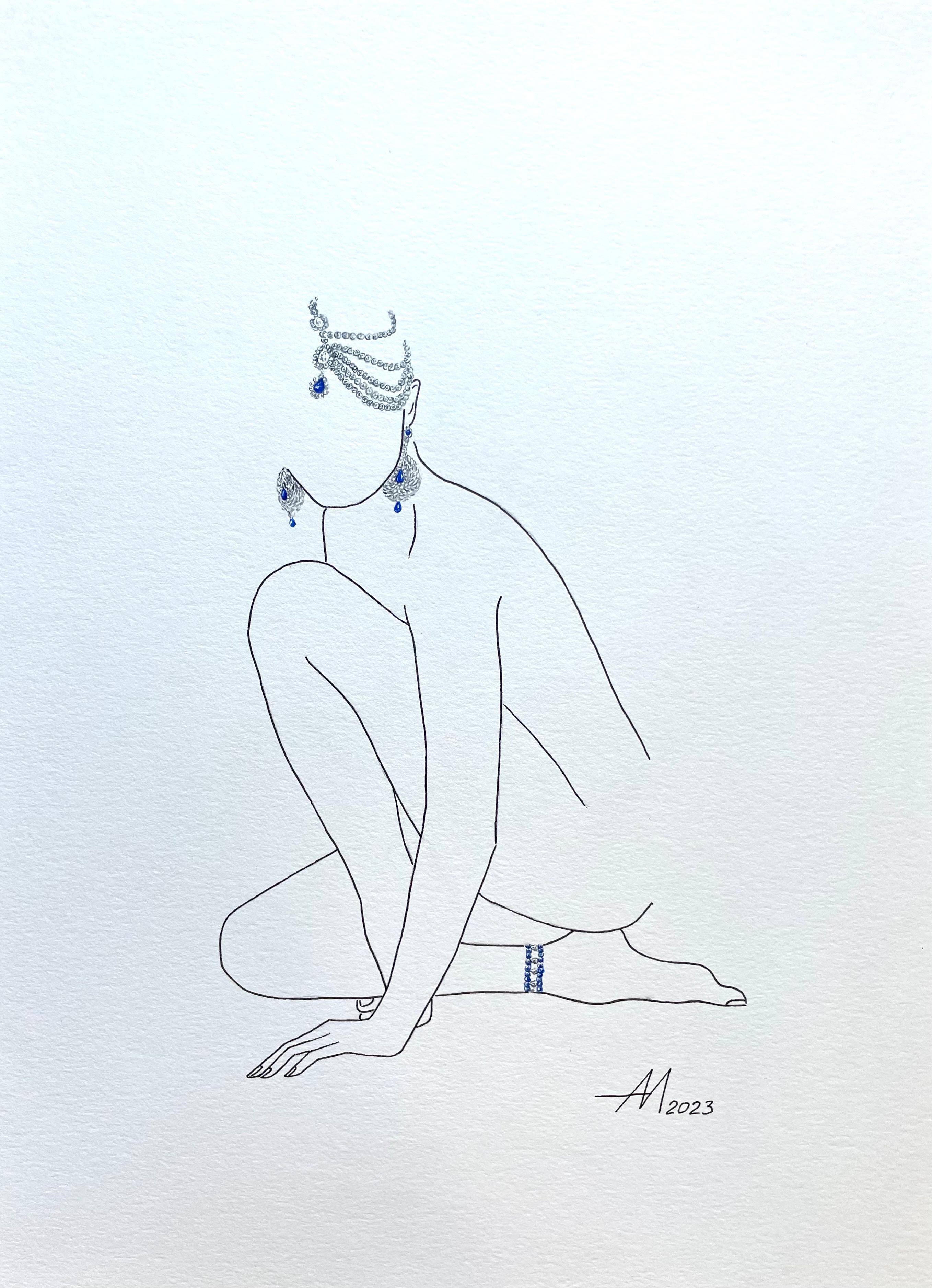 Waiting for the Maharaja- line drawing woman figure with jewelry - Painting by Mila Akopova