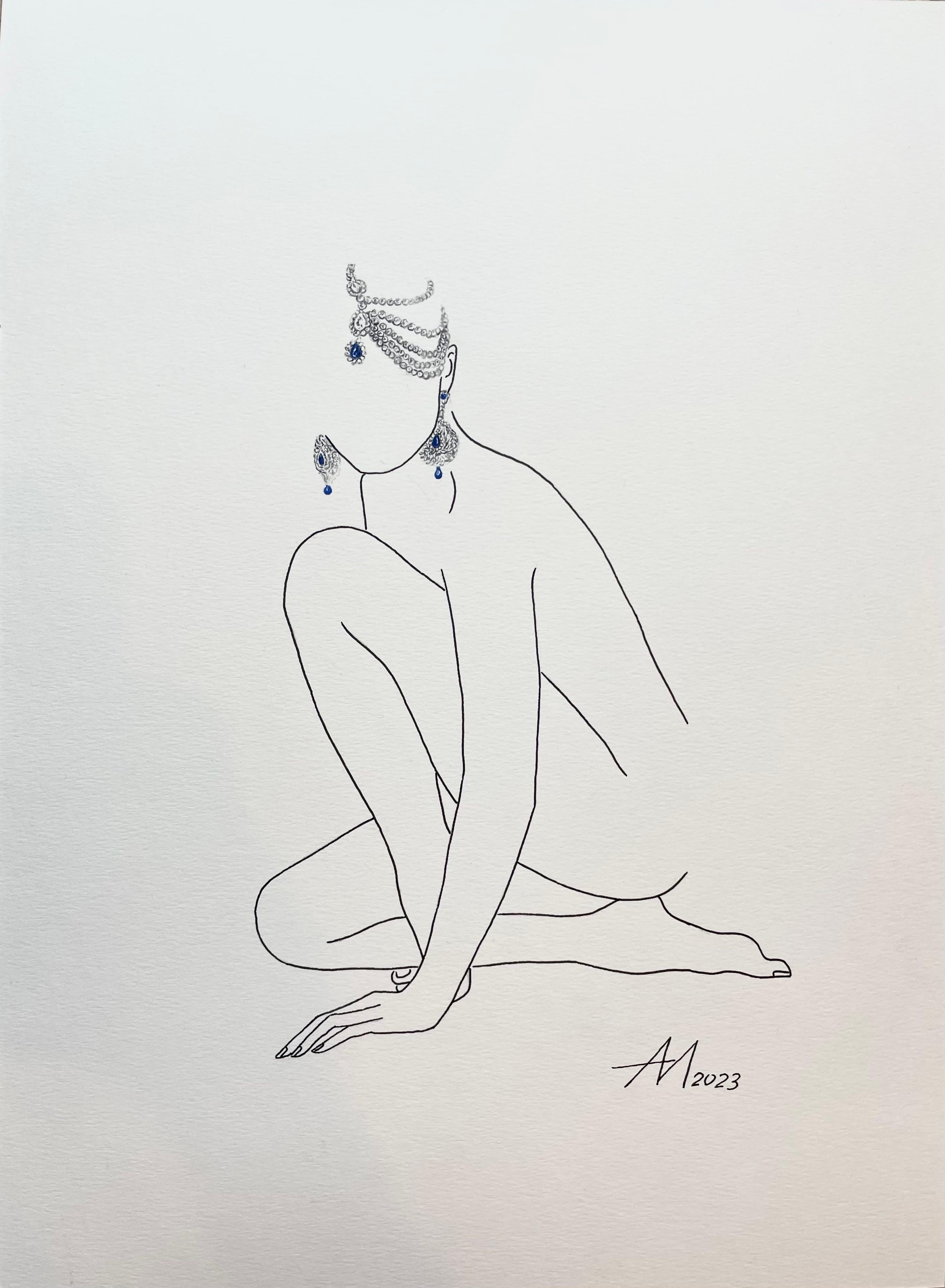 Mila Akopova Abstract Painting - Waiting for the Maharaja- line drawing woman figure with jewelry