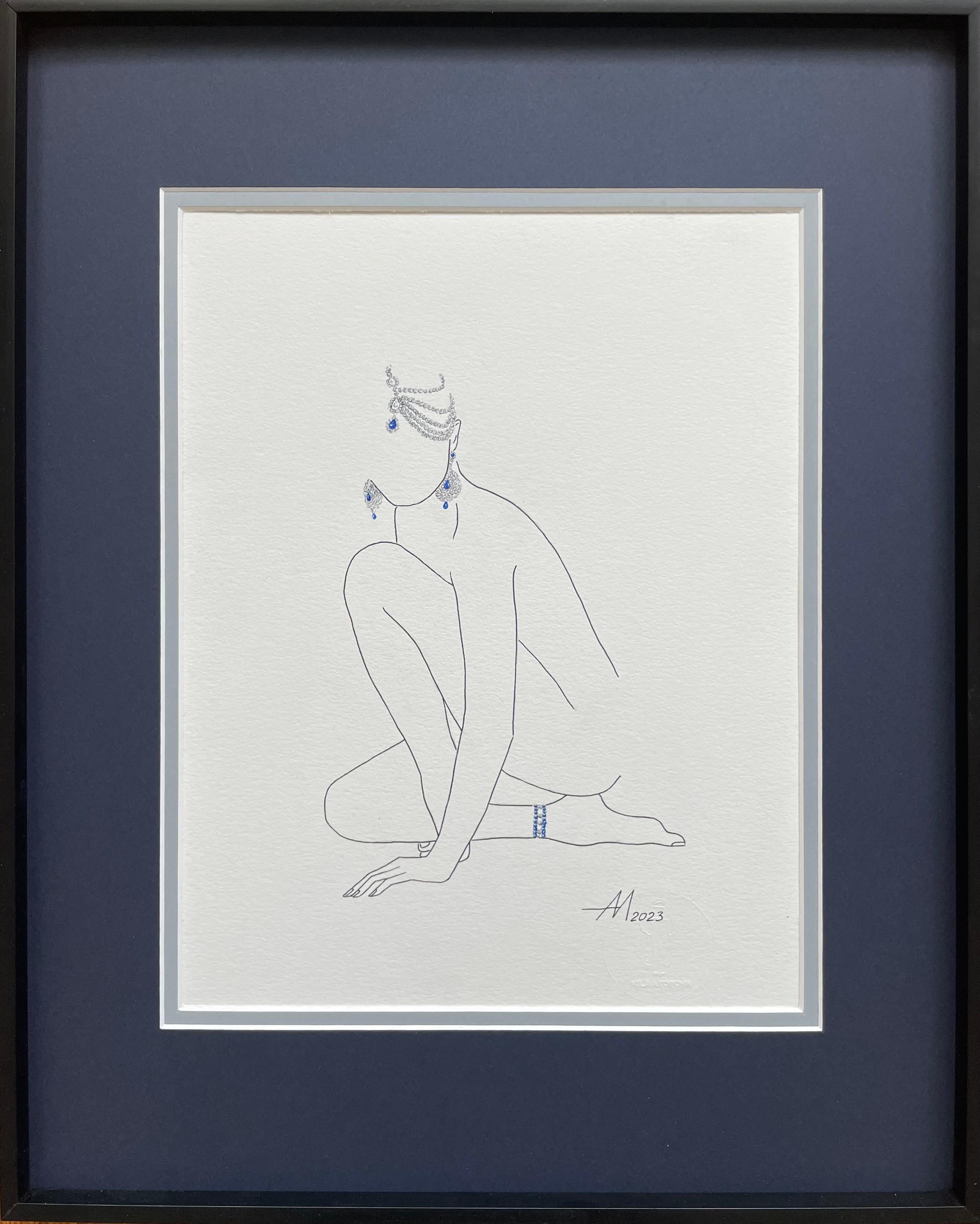 Mila Akopova Abstract Painting - Waiting for the Maharaja- line drawing woman figure with jewelry