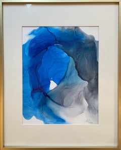 Wave II- abstract painting, made in ultramarine blue, grey color