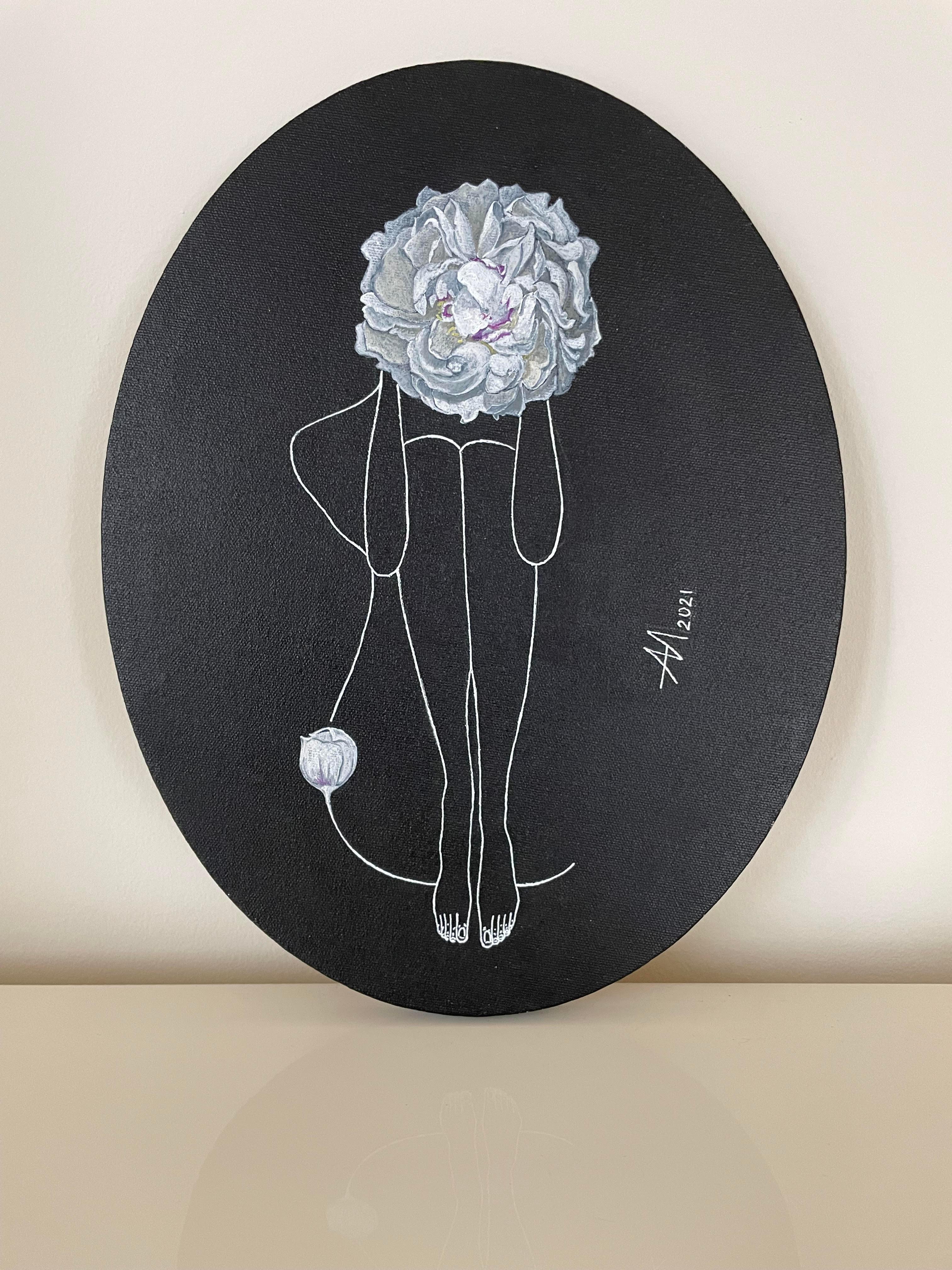 White on black - line drawing women figures with white peony - Painting by Mila Akopova