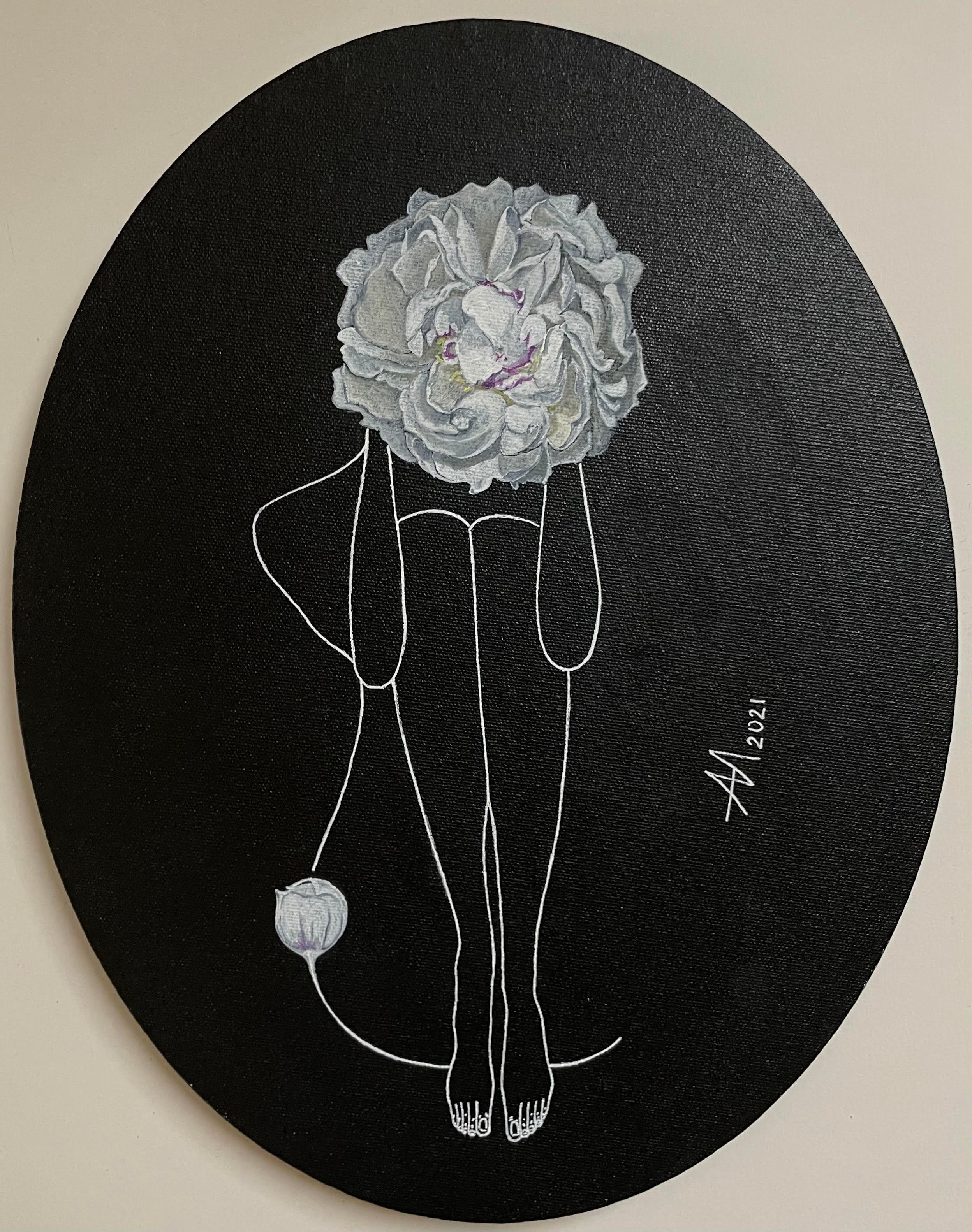 Mila Akopova Nude Painting - White on black - line drawing women figures with white peony