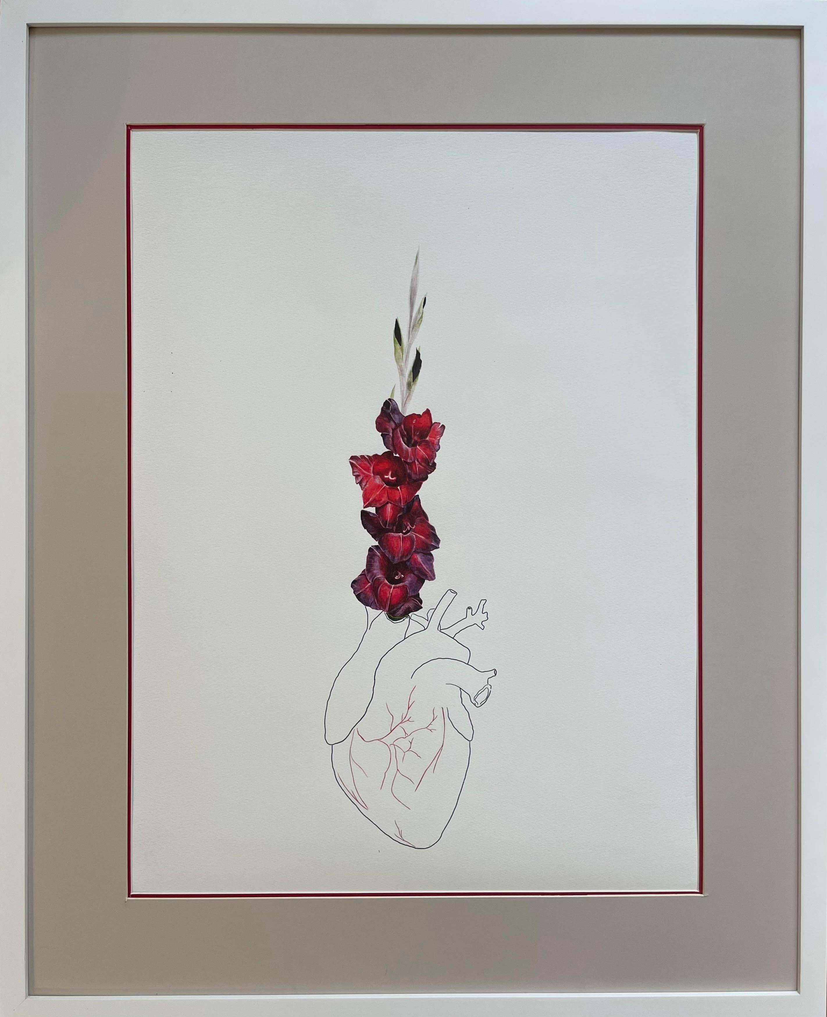 Mila Akopova Figurative Print - From the bottom of my heart-line drawing heart with hyacinth flowers 