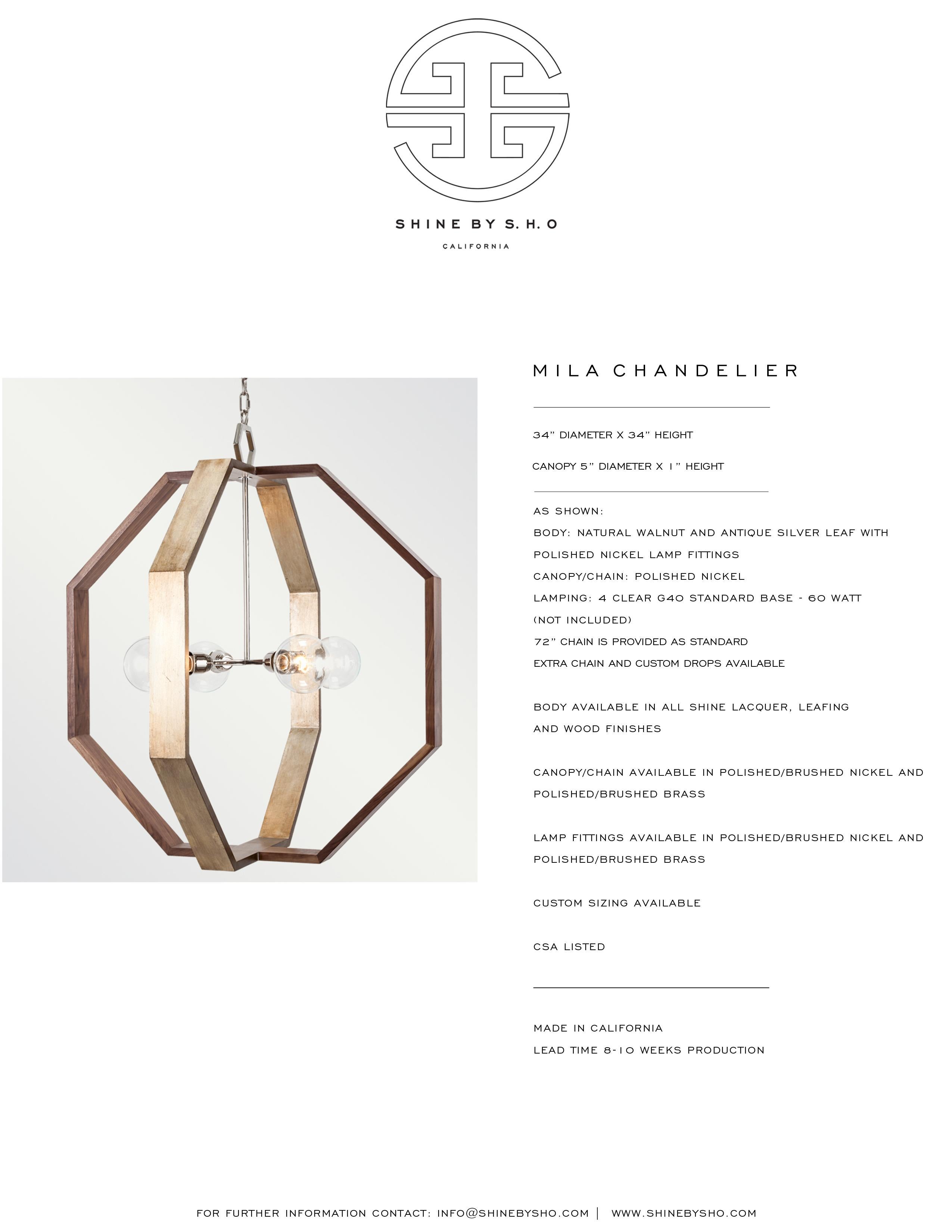 MILA CHANDELIER – moderner achteckiger Kronleuchter aus Nussbaum und Blattgold  im Zustand „Neu“ im Angebot in Laguna Niguel, CA