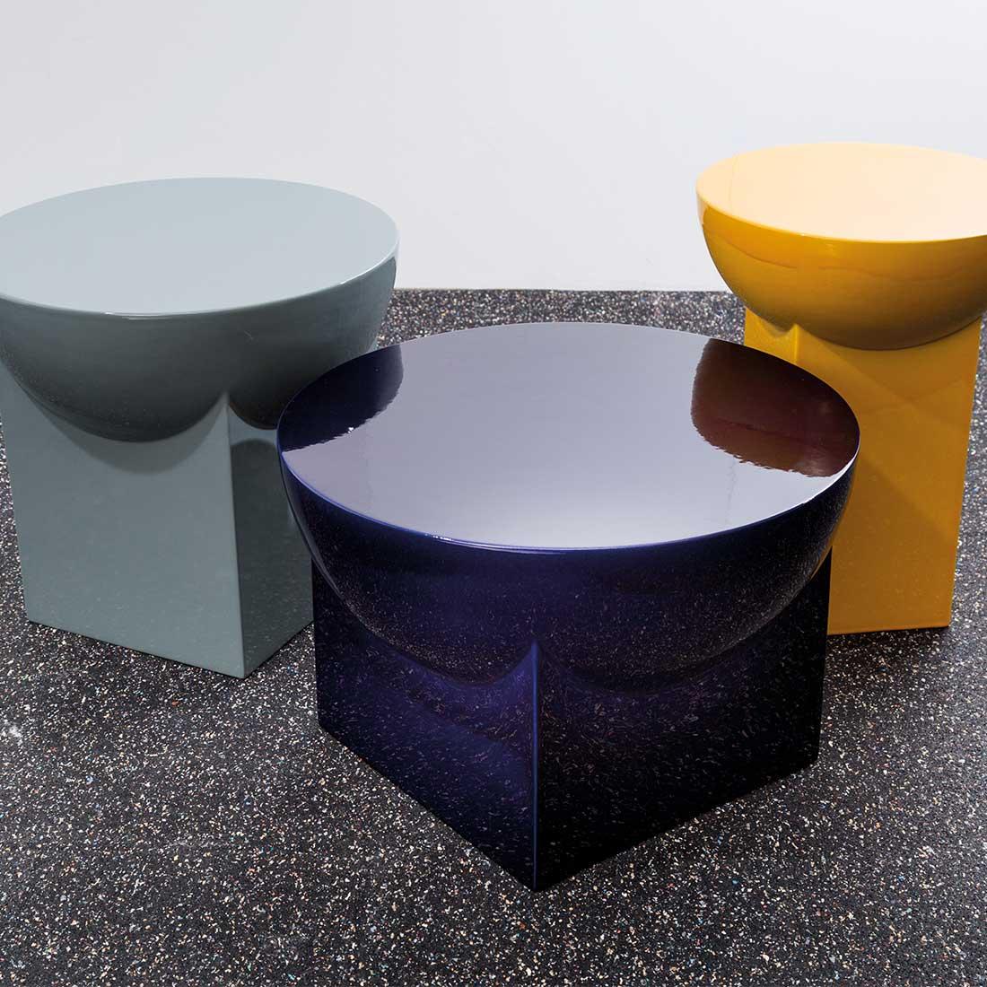 Three heights from one source, in two different shapes always based on the motto “the round must go into the square”, and it does! Sebastian Herkner’s side table series mila of massive ceramics form a slender foot, rounded up by a broad, smooth