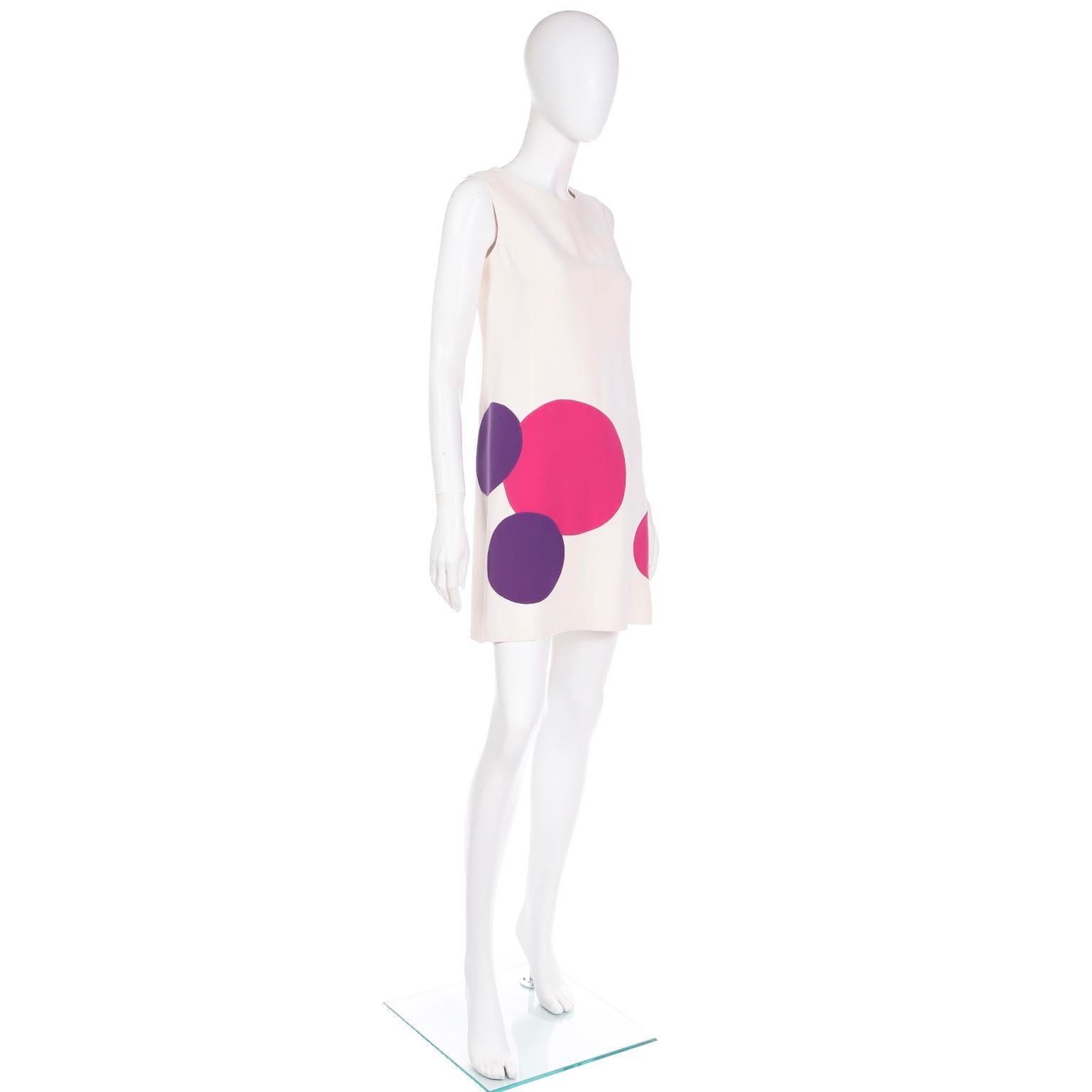 Mila Schon 1970s Ivory Silk Sleeveless Dress with Pink & Purple Circle Dots 1