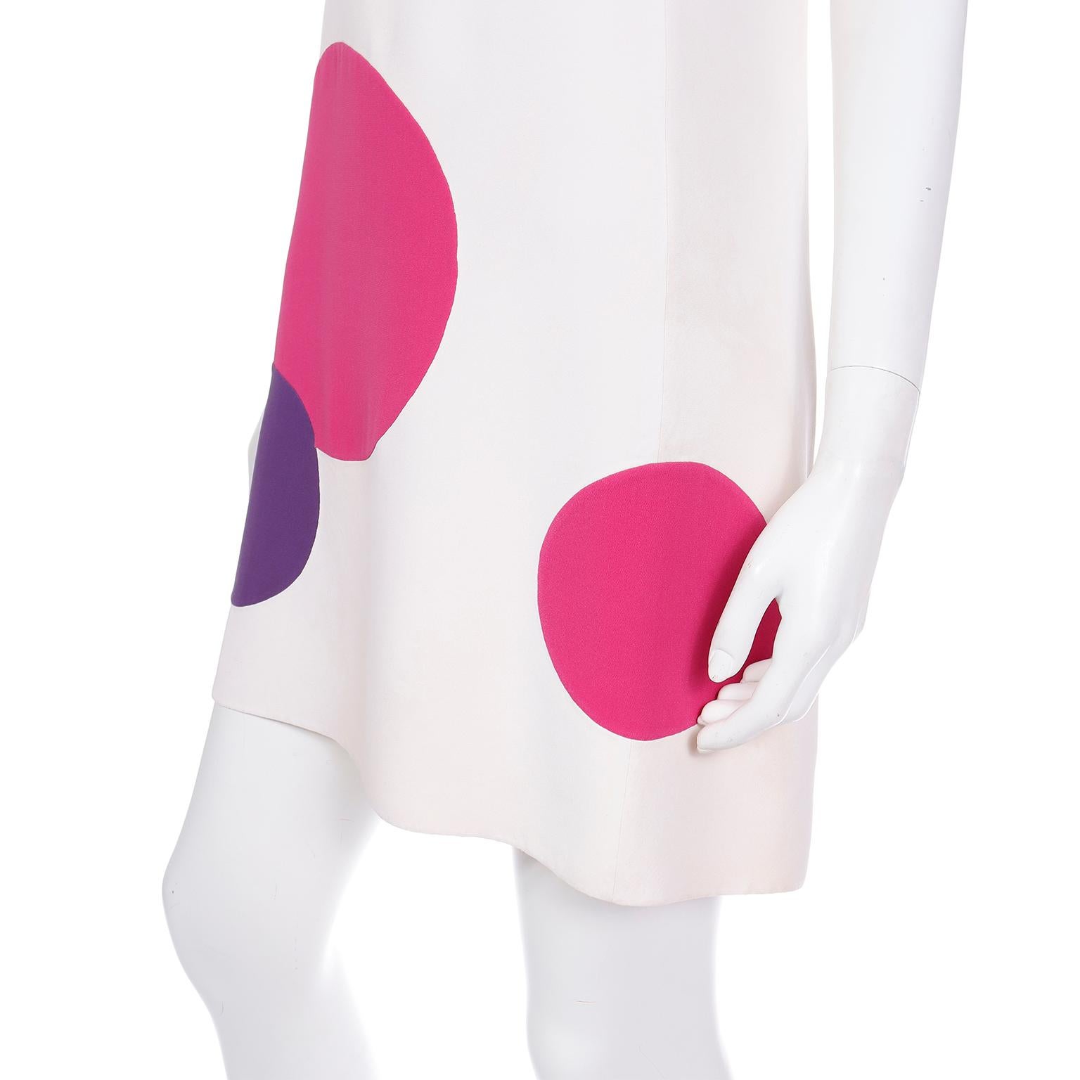 Mila Schon 1970s Ivory Silk Sleeveless Dress with Pink & Purple Circle Dots 2