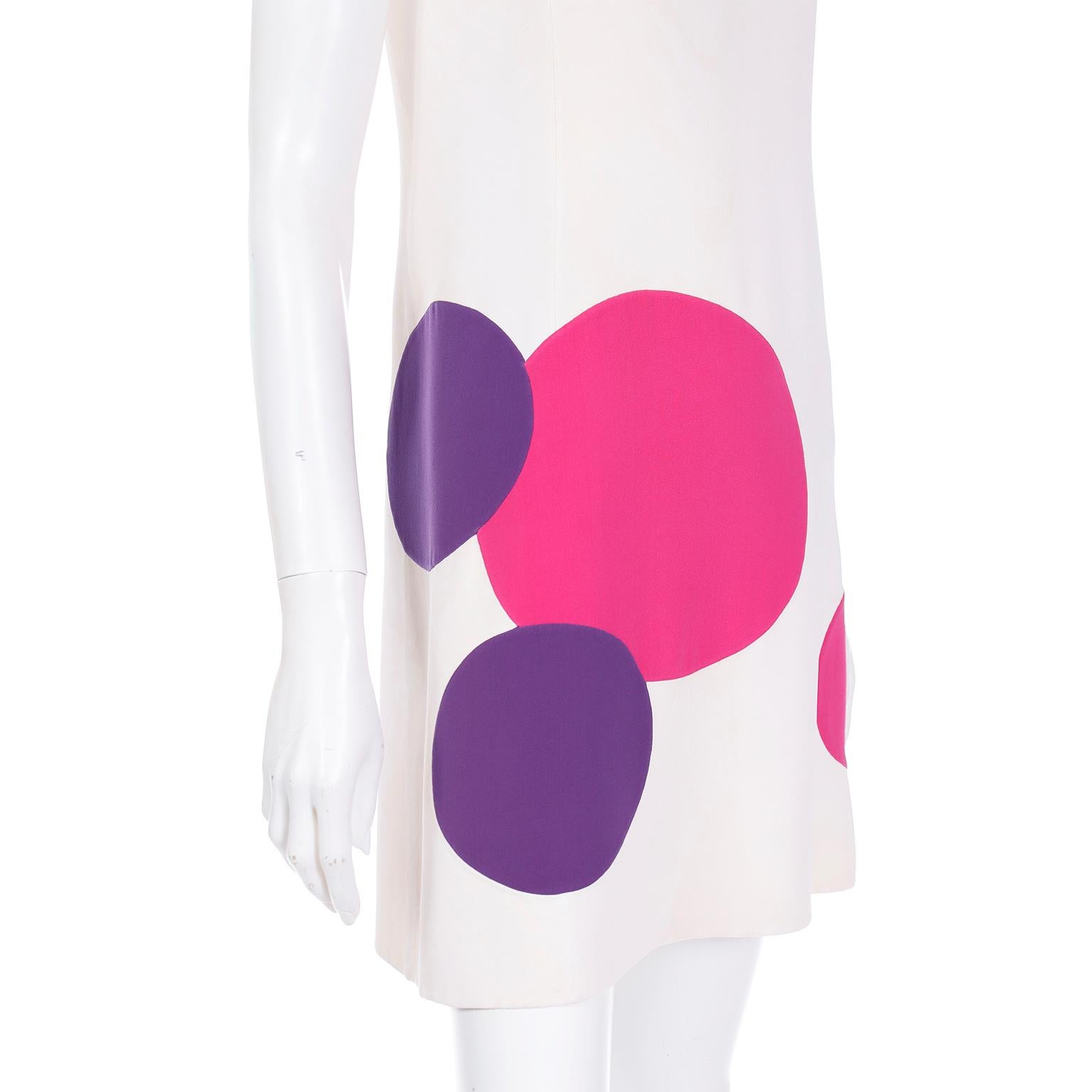 Mila Schon 1970s Ivory Silk Sleeveless Dress with Pink & Purple Circle Dots 3